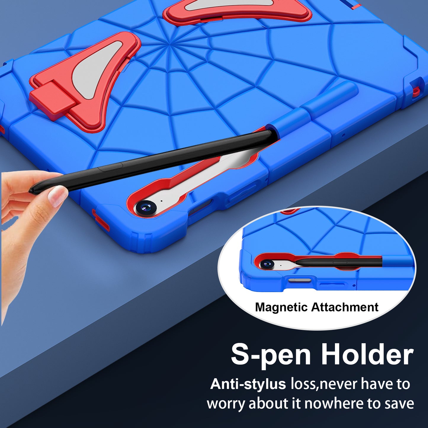 For Samsung Galaxy Tab S7 / S8 / S9 SM-X710 / S9 FE Case Spider Web Silicone+PC Rugged Protective Cover - Blue+Red