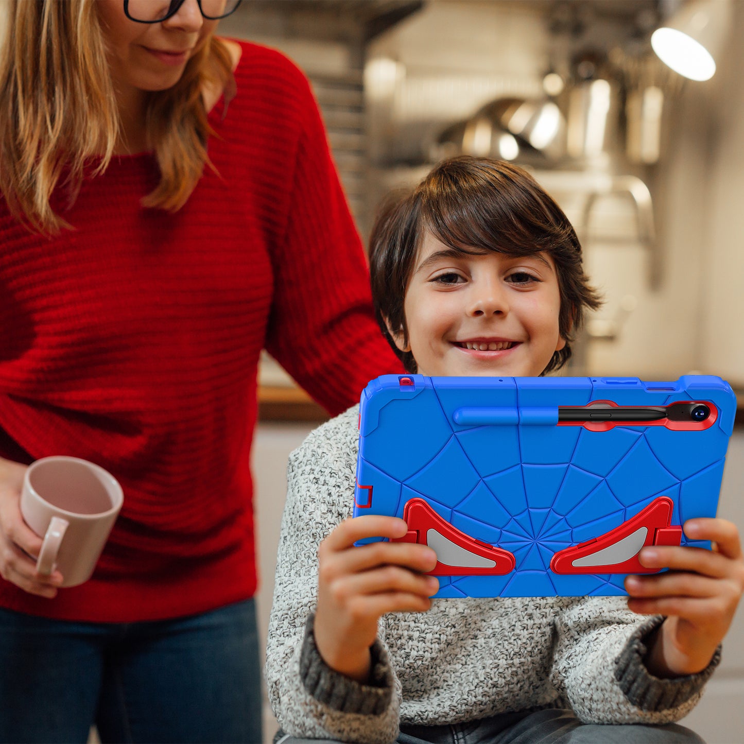 For Samsung Galaxy Tab S7 / S8 / S9 SM-X710 / S9 FE Case Spider Web Silicone+PC Rugged Protective Cover - Blue+Red