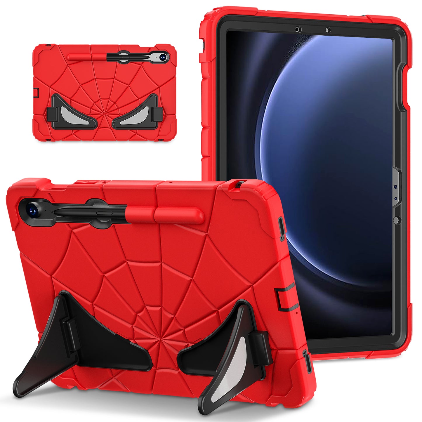 For Samsung Galaxy Tab S7 / S8 / S9 SM-X710 / S9 FE Case Spider Web Silicone+PC Rugged Protective Cover - Red+Black