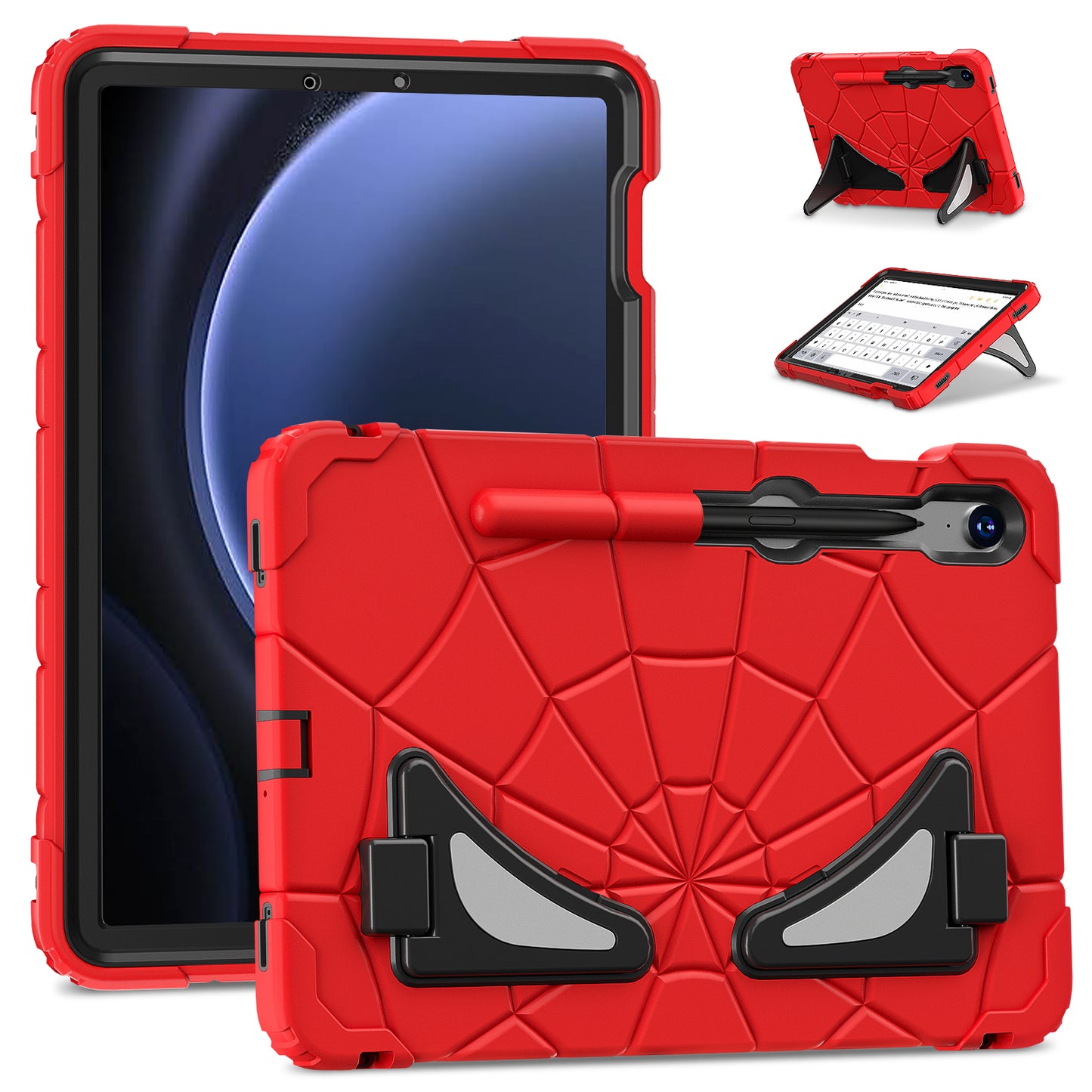 For Samsung Galaxy Tab S7 / S8 / S9 SM-X710 / S9 FE Case Spider Web Silicone+PC Rugged Protective Cover - Red+Black
