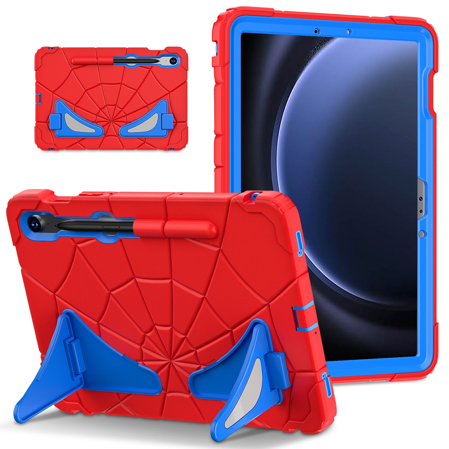 For Samsung Galaxy Tab S7 / S8 / S9 SM-X710 / S9 FE Case Spider Web Silicone+PC Rugged Protective Cover - Red+Blue