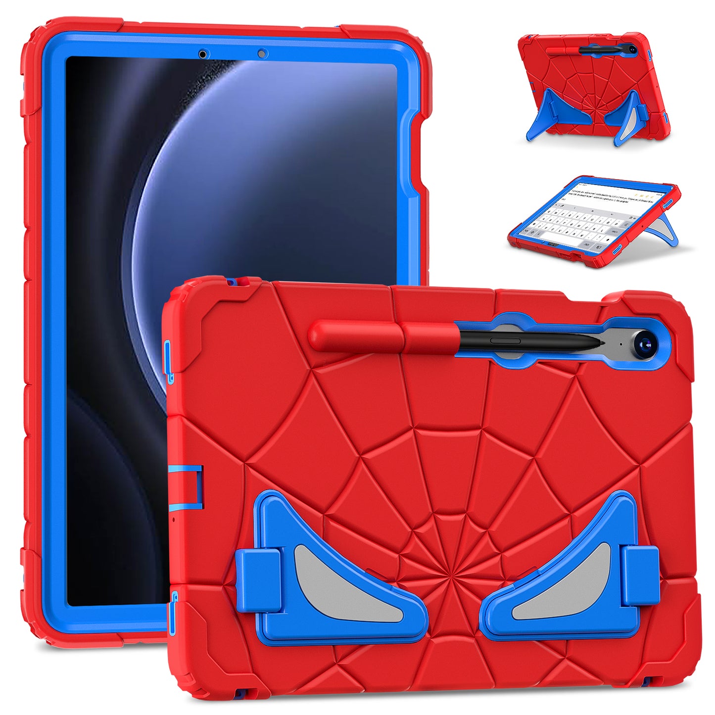 For Samsung Galaxy Tab S7 / S8 / S9 SM-X710 / S9 FE Case Spider Web Silicone+PC Rugged Protective Cover - Red+Blue
