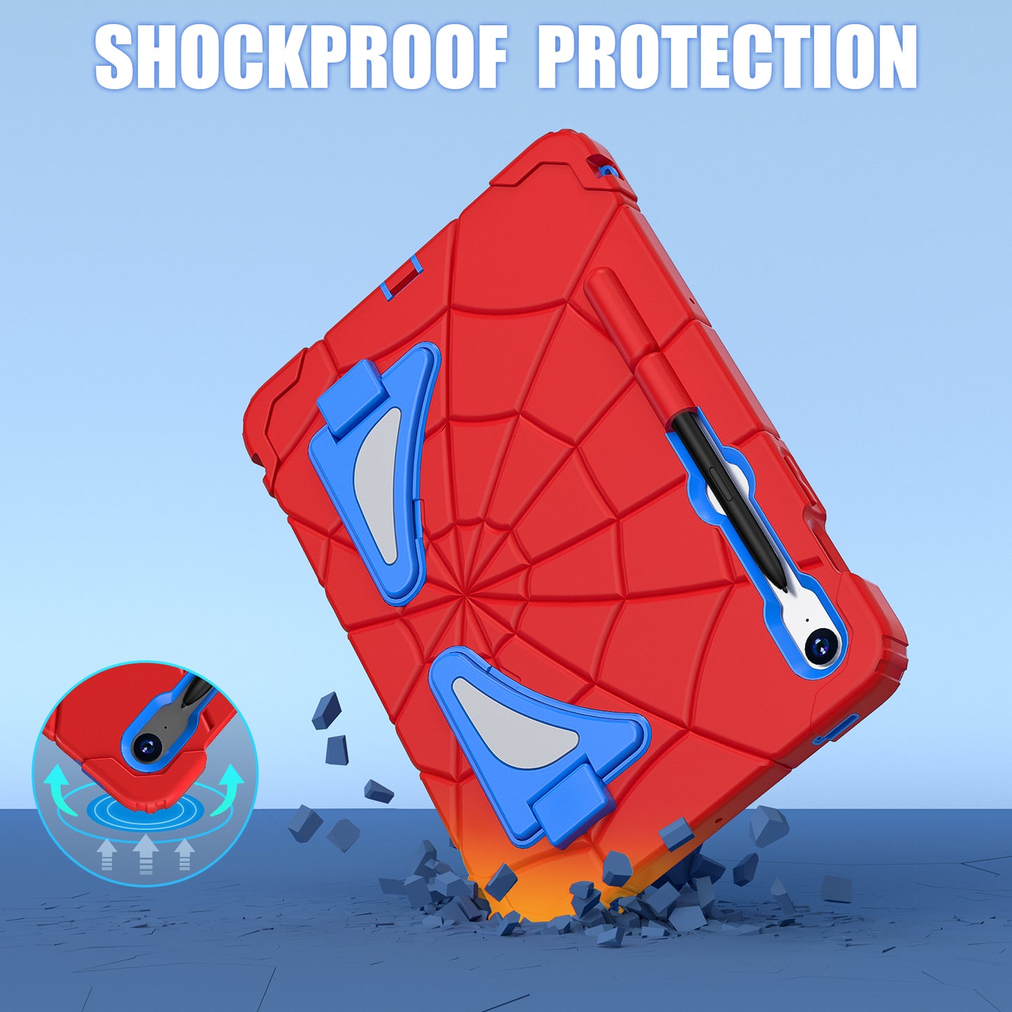 For Samsung Galaxy Tab S7 / S8 / S9 SM-X710 / S9 FE Case Spider Web Silicone+PC Rugged Protective Cover - Red+Blue