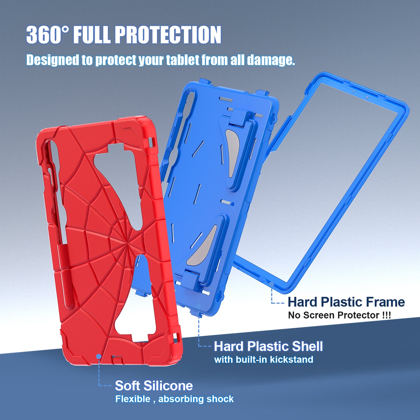 For Samsung Galaxy Tab S7 / S8 / S9 SM-X710 / S9 FE Case Spider Web Silicone+PC Rugged Protective Cover - Red+Blue
