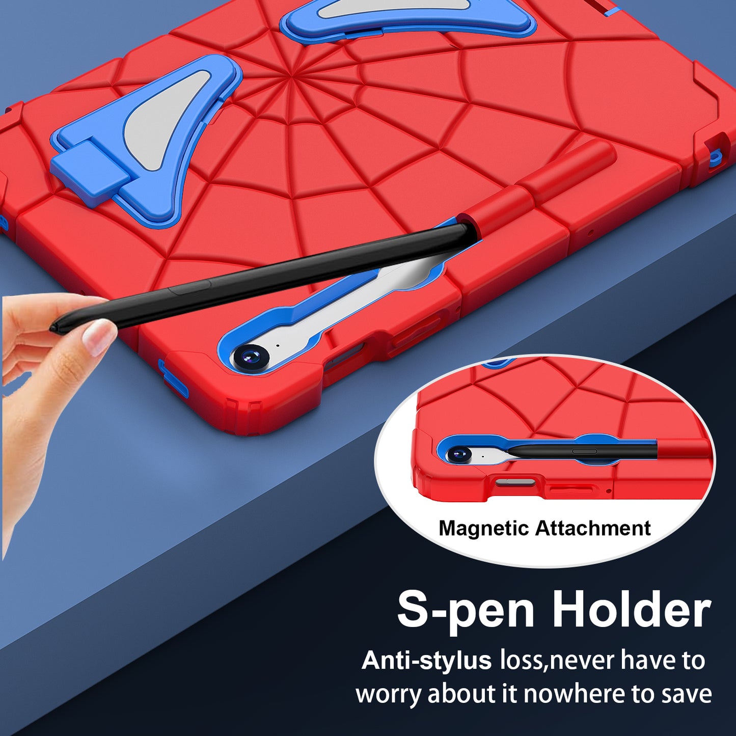 For Samsung Galaxy Tab S7 / S8 / S9 SM-X710 / S9 FE Case Spider Web Silicone+PC Rugged Protective Cover - Red+Blue