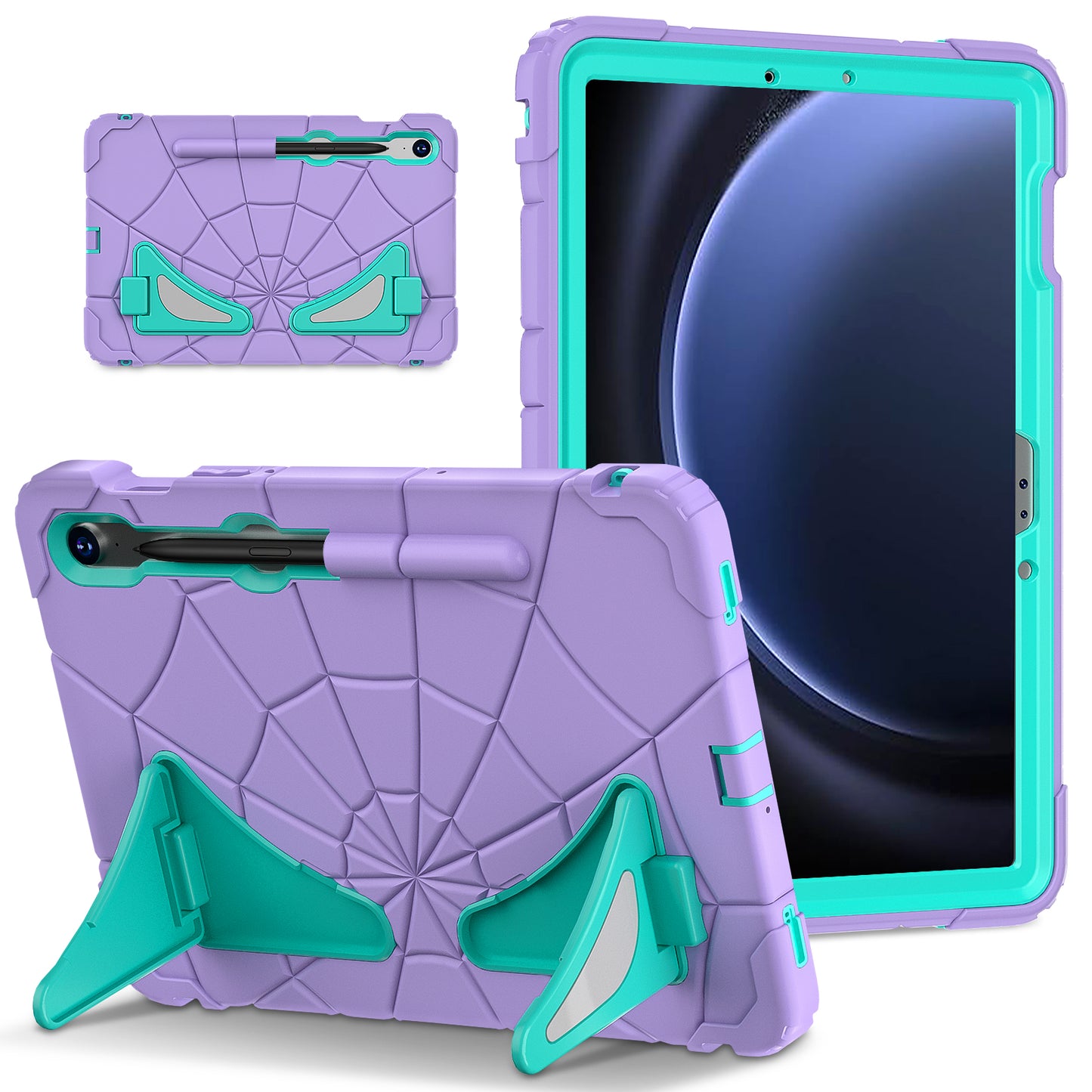 For Samsung Galaxy Tab S7 / S8 / S9 SM-X710 / S9 FE Case Spider Web Silicone+PC Rugged Protective Cover - Purple+Mint Green