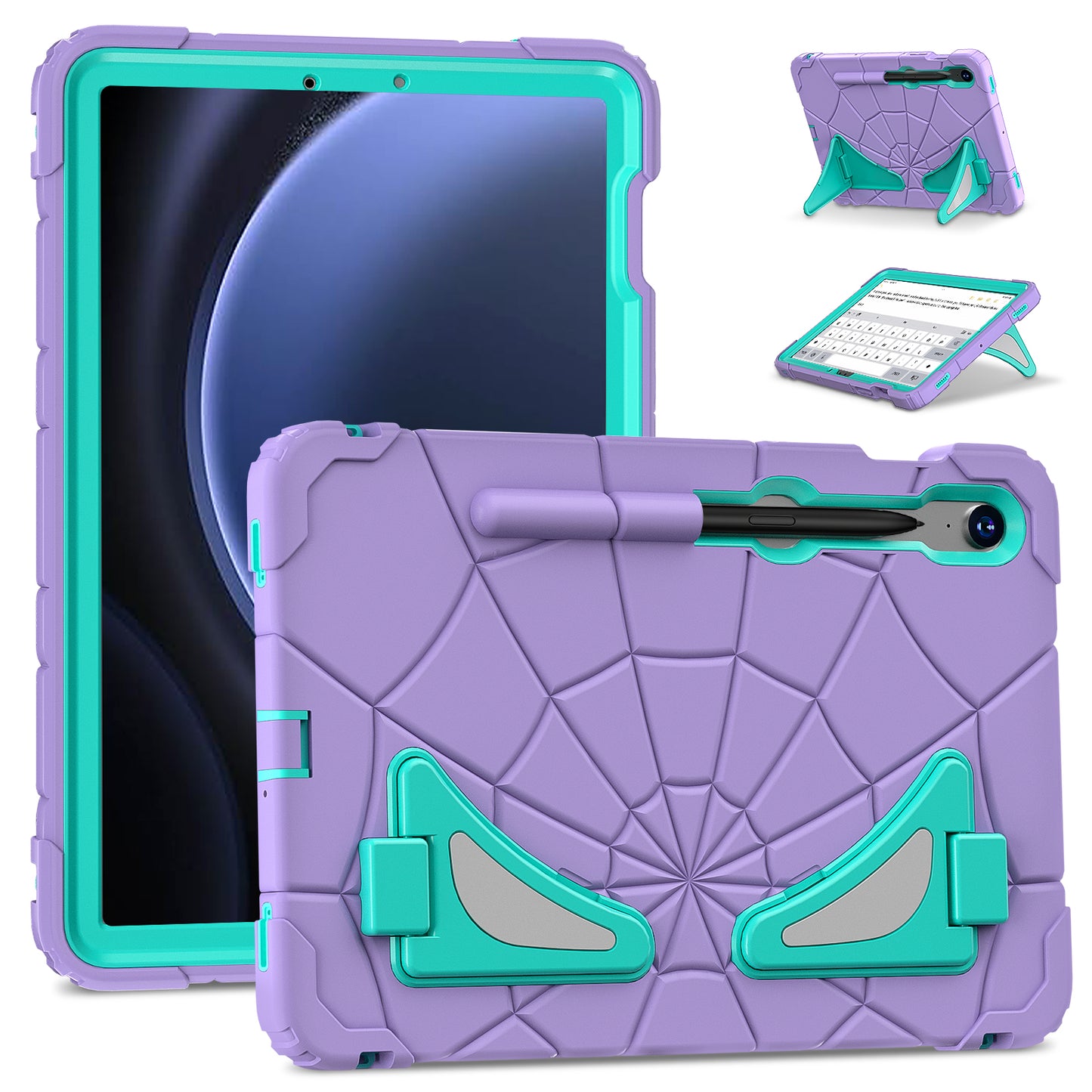 For Samsung Galaxy Tab S7 / S8 / S9 SM-X710 / S9 FE Case Spider Web Silicone+PC Rugged Protective Cover - Purple+Mint Green