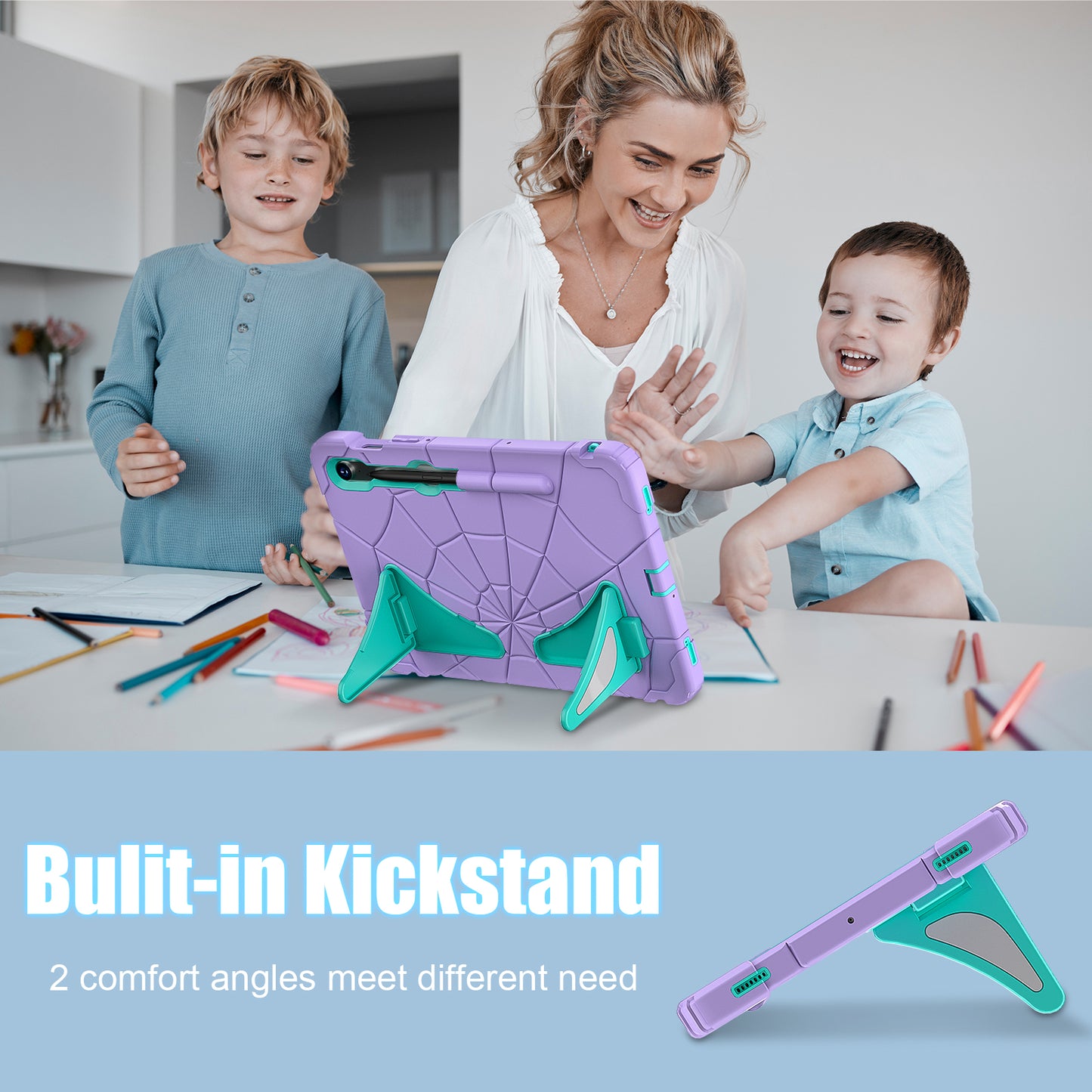 For Samsung Galaxy Tab S7 / S8 / S9 SM-X710 / S9 FE Case Spider Web Silicone+PC Rugged Protective Cover - Purple+Mint Green