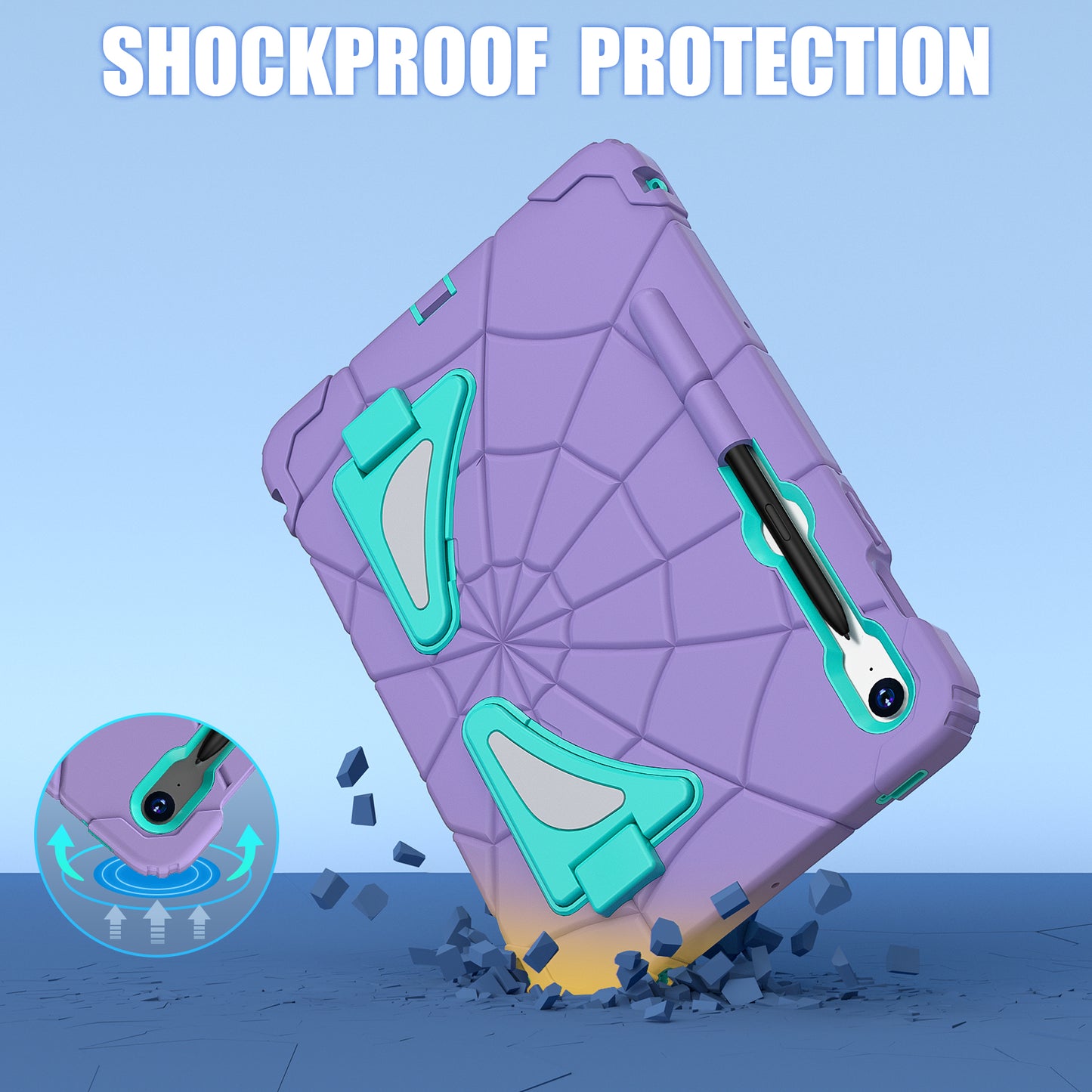 For Samsung Galaxy Tab S7 / S8 / S9 SM-X710 / S9 FE Case Spider Web Silicone+PC Rugged Protective Cover - Purple+Mint Green