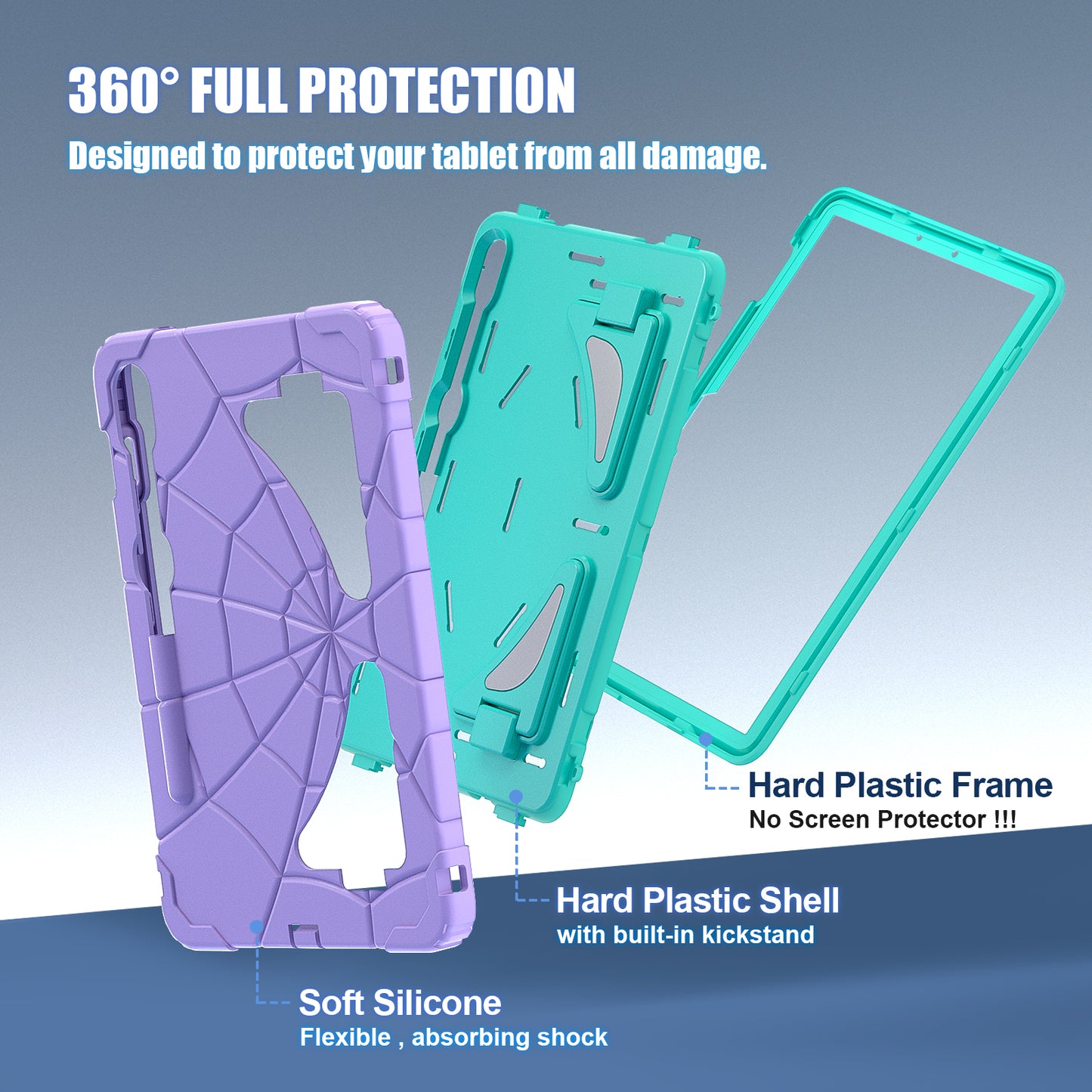 For Samsung Galaxy Tab S7 / S8 / S9 SM-X710 / S9 FE Case Spider Web Silicone+PC Rugged Protective Cover - Purple+Mint Green