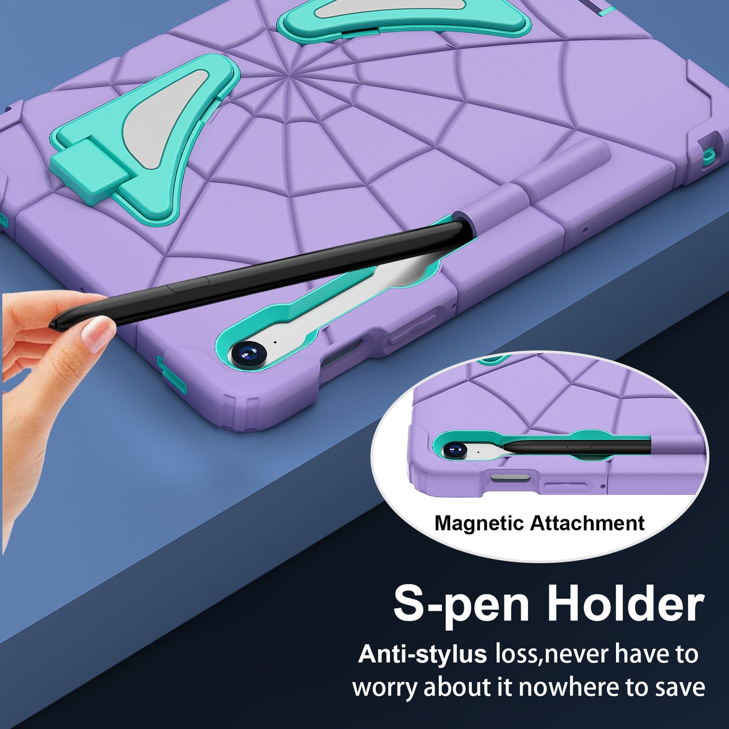 For Samsung Galaxy Tab S7 / S8 / S9 SM-X710 / S9 FE Case Spider Web Silicone+PC Rugged Protective Cover - Purple+Mint Green