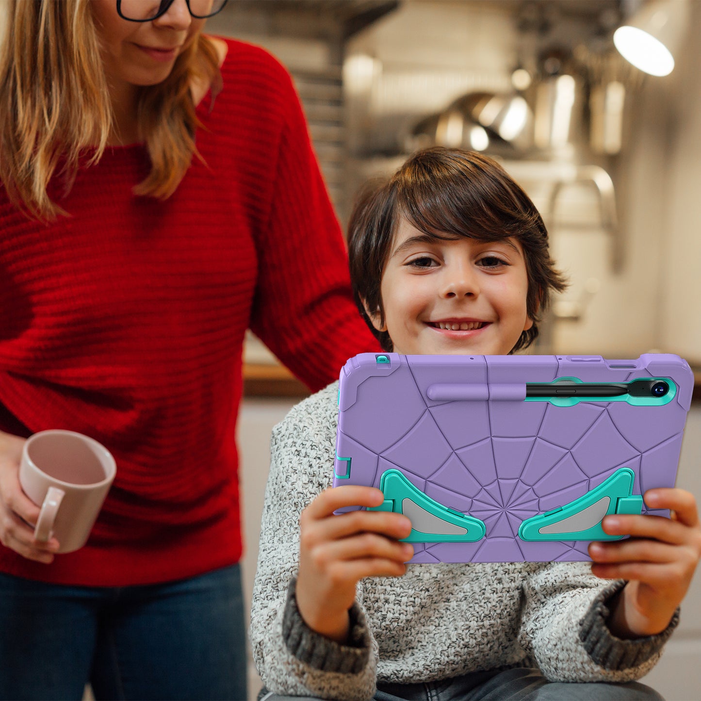 For Samsung Galaxy Tab S7 / S8 / S9 SM-X710 / S9 FE Case Spider Web Silicone+PC Rugged Protective Cover - Purple+Mint Green