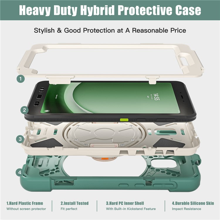 For Samsung Galaxy Tab Active 3 T570 / Tab Active5 X306B Case Hand Strap Kickstand PC+Silicone Rugged Cover - Emerald Green
