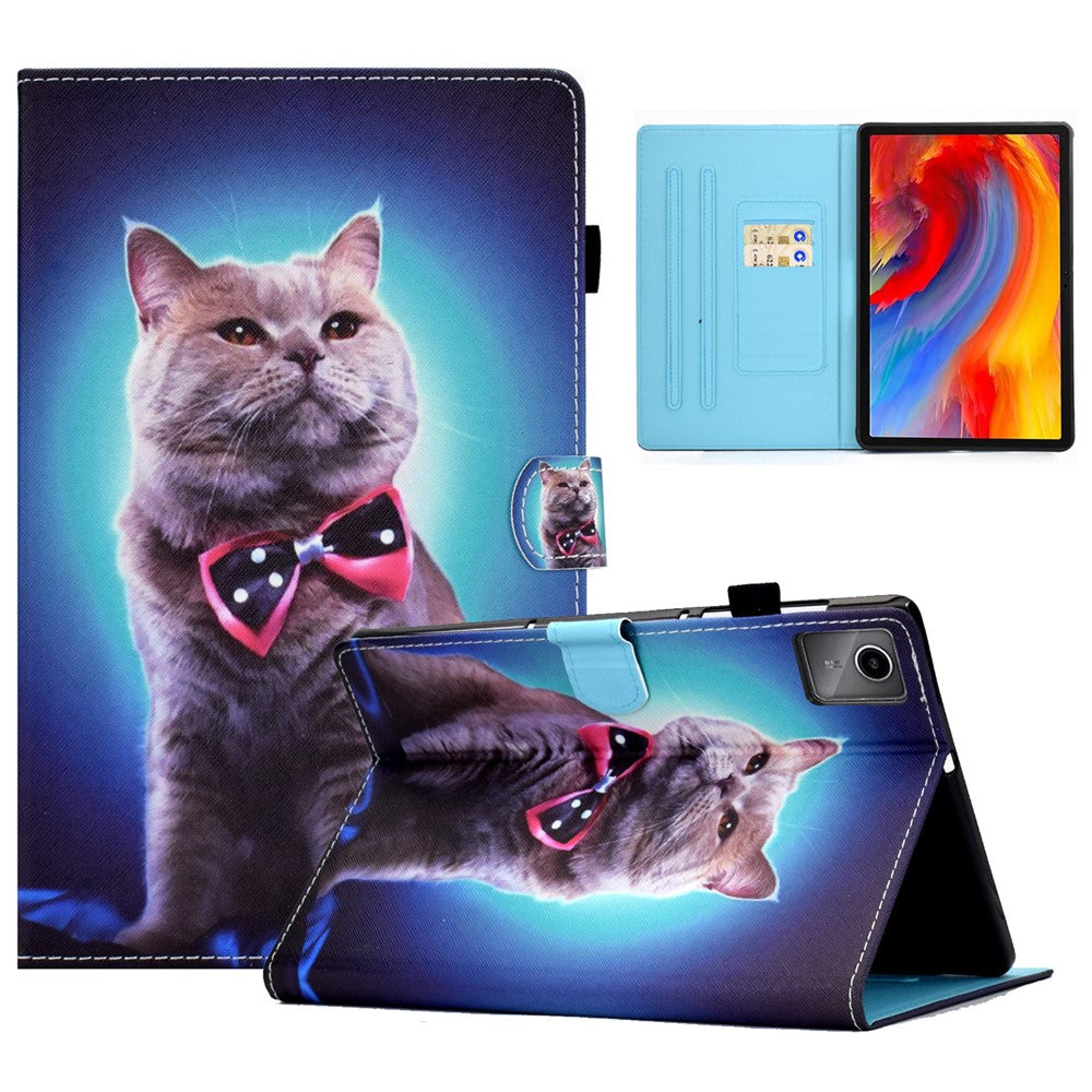 For Lenovo Tab M11 / Xiaoxin Pad 11 2024 Leather Case Pattern Printing Tablet Cover with Card Slots - Tie Cat