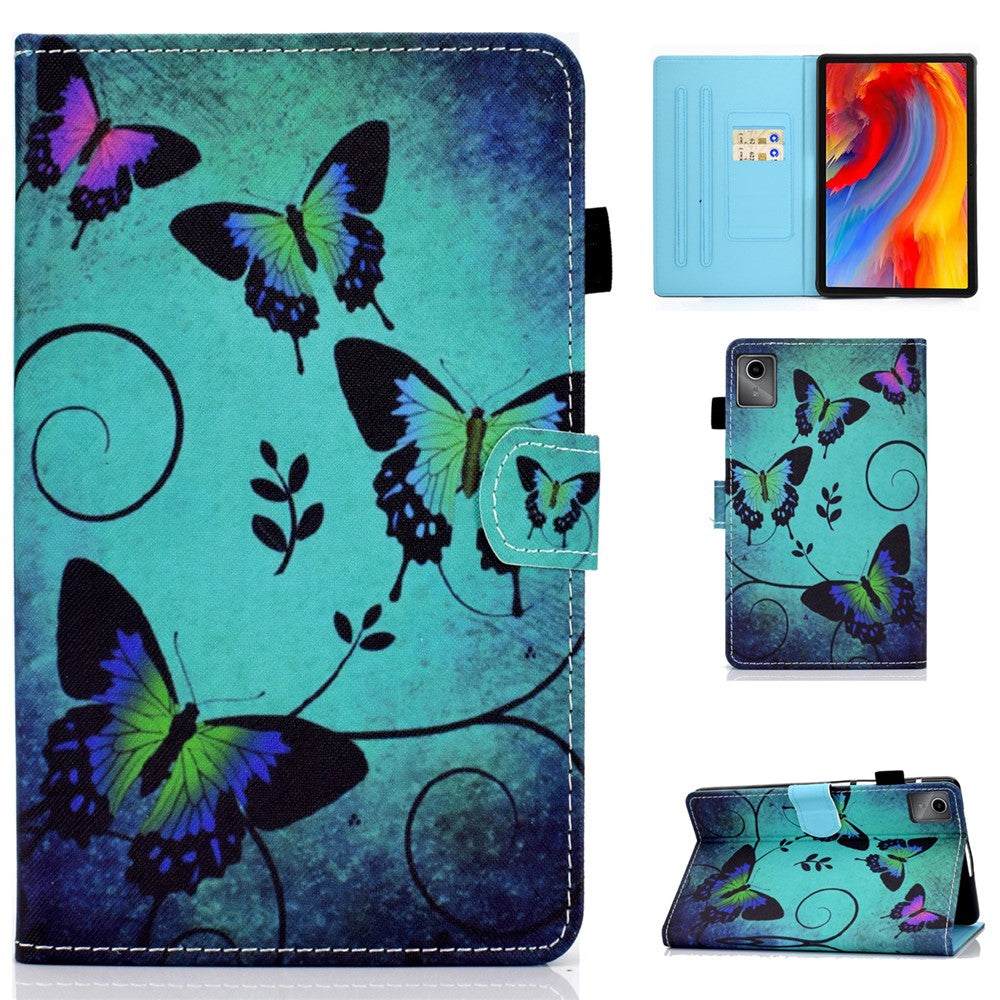 For Lenovo Tab M11 / Xiaoxin Pad 11 2024 Leather Case Pattern Printing Tablet Cover with Card Slots - Green Butterflies