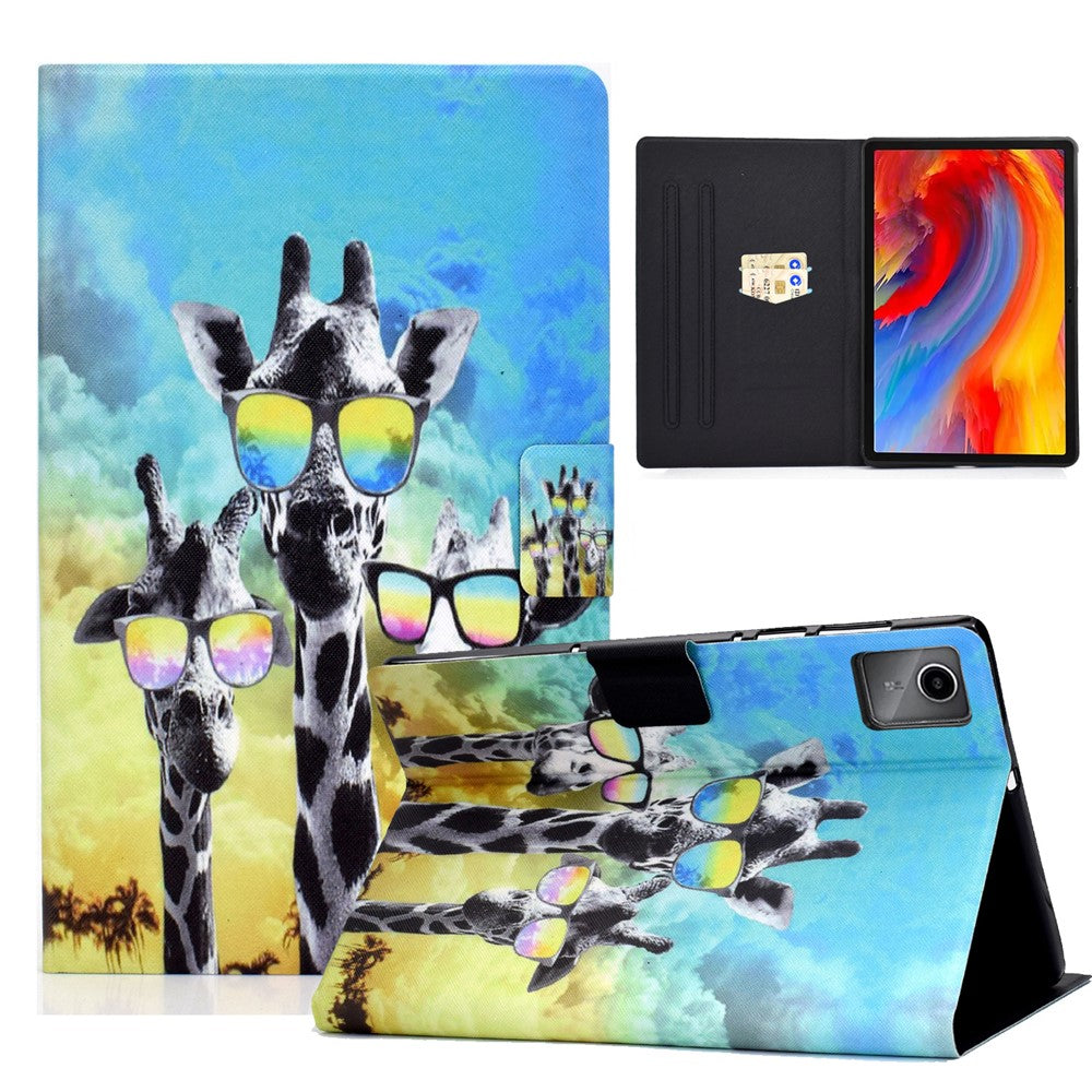 For Lenovo Tab M11 / Xiaoxin Pad 11 2024 Case Card Holder Pattern Leather Tablet Cover - Giraffe with Glasses