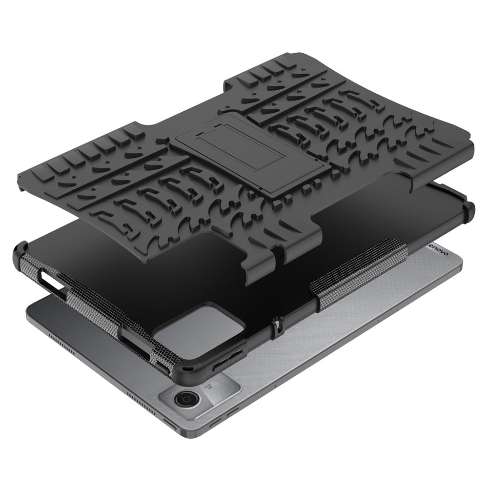 For Lenovo Tab M11 / Xiaoxin Pad 11 2024 Case Tire Texture Shockproof TPU+PC Tablet Cover with Kickstand - Black