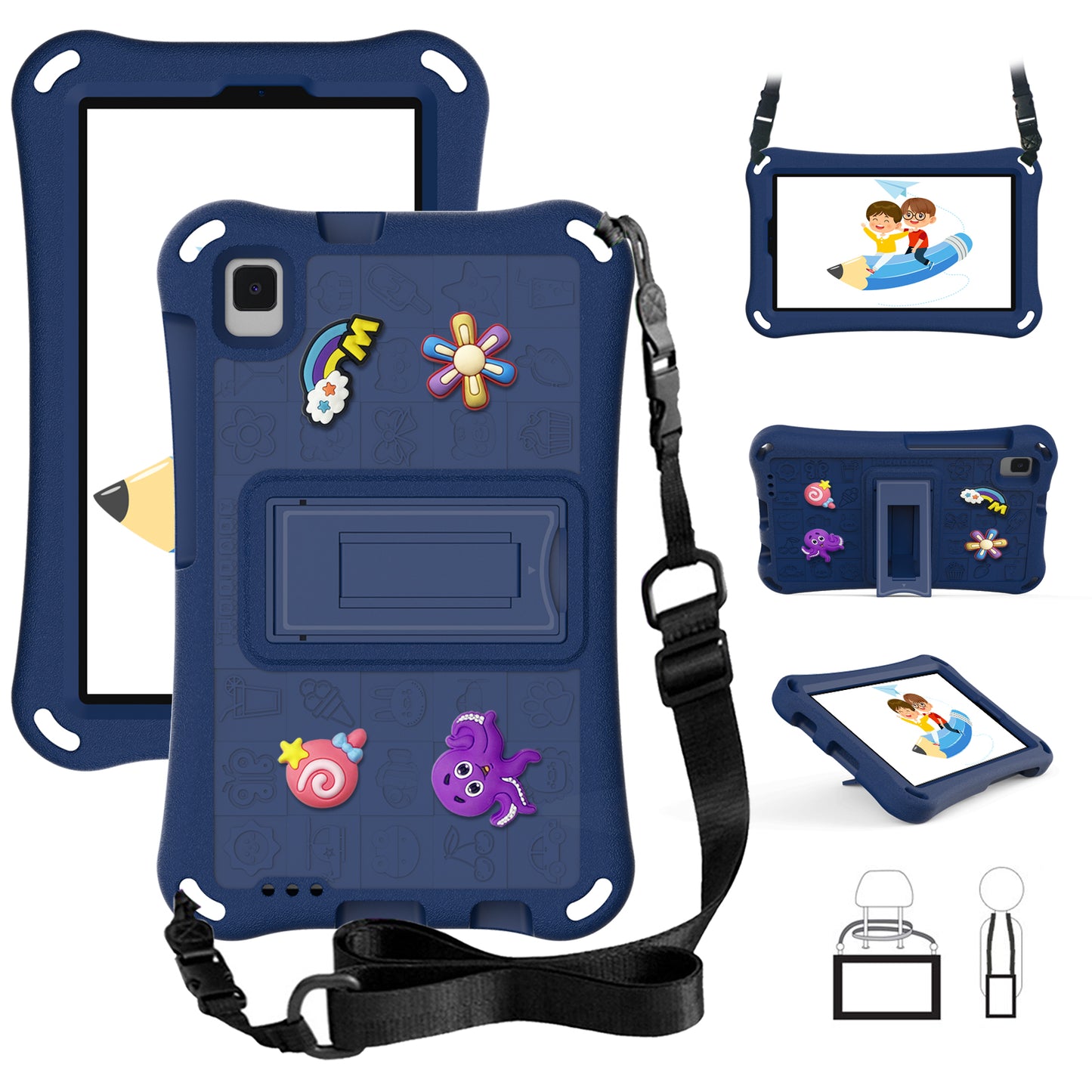 For Samsung Galaxy Tab A9 / Tab A7 Lite 8.7-inch / Tab A 8.0 (2019) Tablet Case Kickstand EVA Cover with Shoulder Strap - Navy Blue