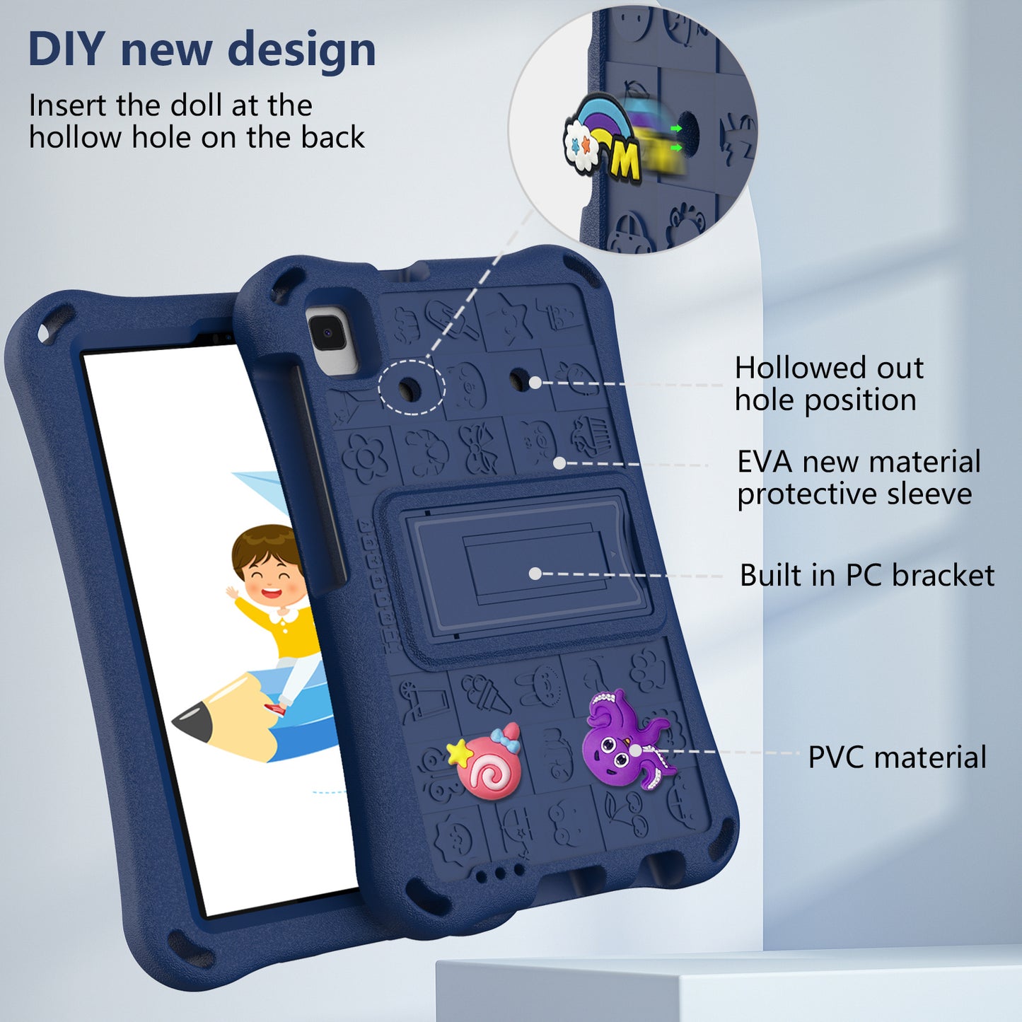 For Samsung Galaxy Tab A9 / Tab A7 Lite 8.7-inch / Tab A 8.0 (2019) Tablet Case Kickstand EVA Cover with Shoulder Strap - Navy Blue