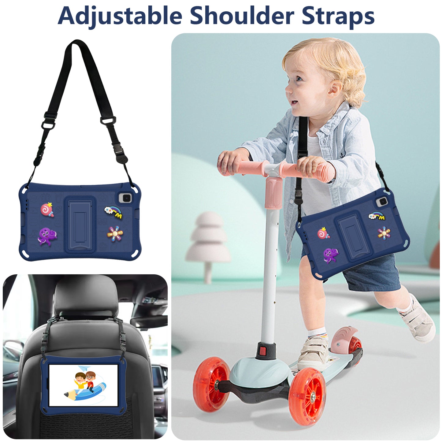 For Samsung Galaxy Tab A9 / Tab A7 Lite 8.7-inch / Tab A 8.0 (2019) Tablet Case Kickstand EVA Cover with Shoulder Strap - Navy Blue
