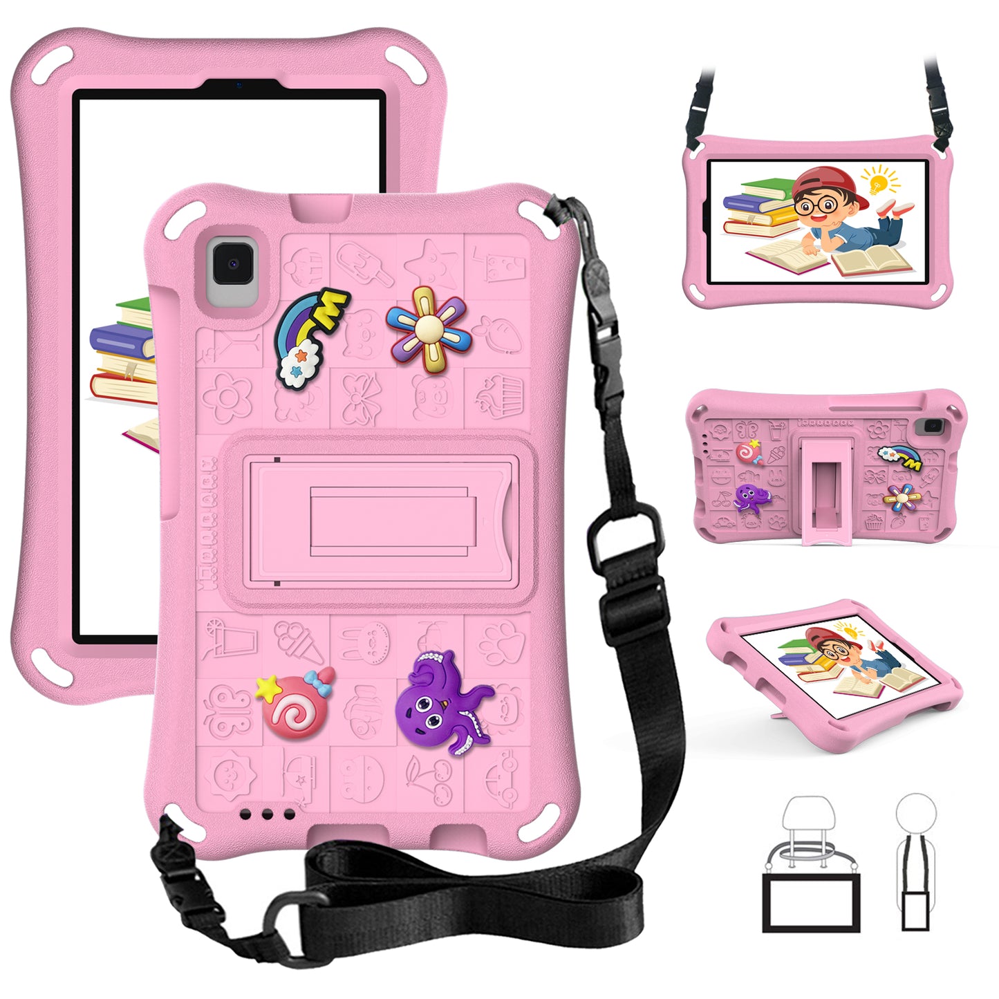 For Samsung Galaxy Tab A9 / Tab A7 Lite 8.7-inch / Tab A 8.0 (2019) Tablet Case Kickstand EVA Cover with Shoulder Strap - Pink