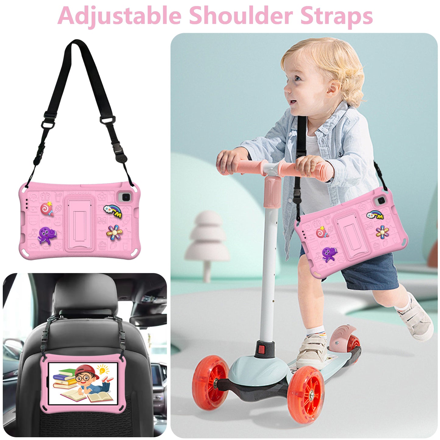 For Samsung Galaxy Tab A9 / Tab A7 Lite 8.7-inch / Tab A 8.0 (2019) Tablet Case Kickstand EVA Cover with Shoulder Strap - Pink