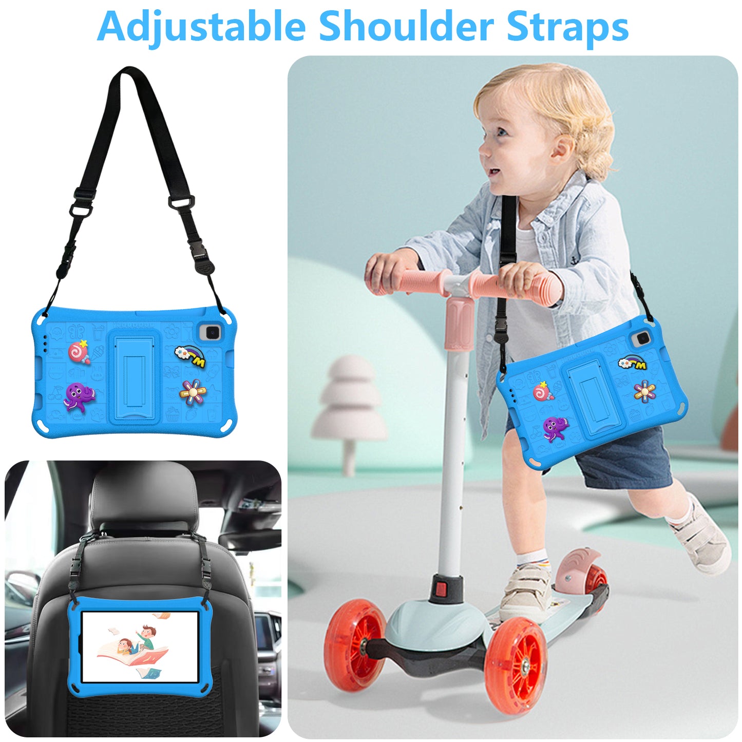 For Samsung Galaxy Tab A9 / Tab A7 Lite 8.7-inch / Tab A 8.0 (2019) Tablet Case Kickstand EVA Cover with Shoulder Strap - Sky Blue