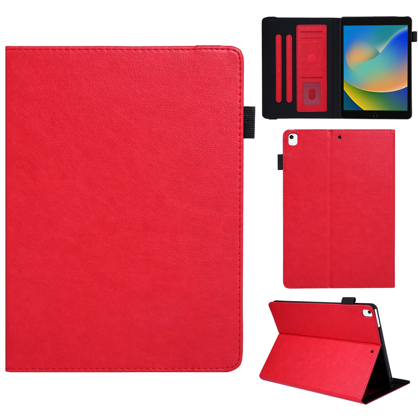 For iPad Air (2013) / Air 2 / iPad 9.7-inch (2017) / (2018) Tablet Case Leather Card Holders Flip Stand Cover - Red
