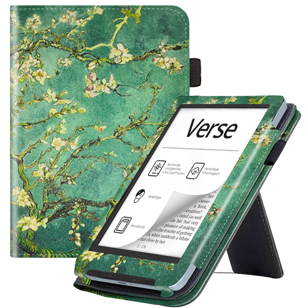 For PocketBook Verse PB629 E-Reader Case Kickstand PU Leather Flip Cover Support Auto Wake / Sleep - Plum Blossom / Green
