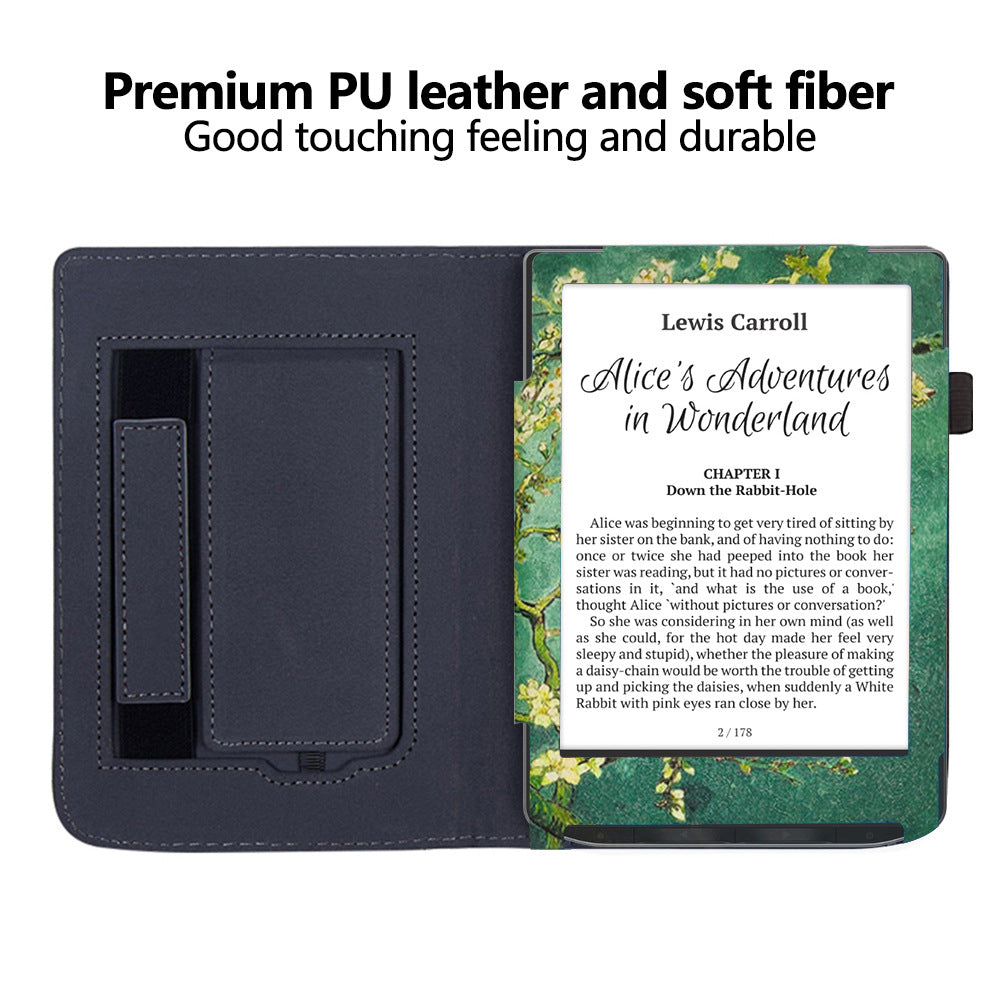 For PocketBook Verse PB629 E-Reader Case Kickstand PU Leather Flip Cover Support Auto Wake / Sleep - Plum Blossom / Green