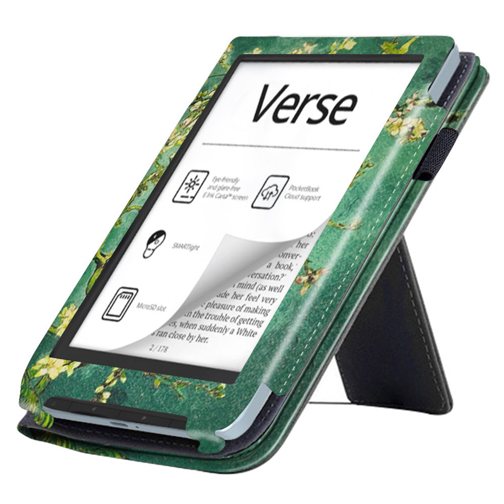 For PocketBook Verse PB629 E-Reader Case Kickstand PU Leather Flip Cover Support Auto Wake / Sleep - Plum Blossom / Green