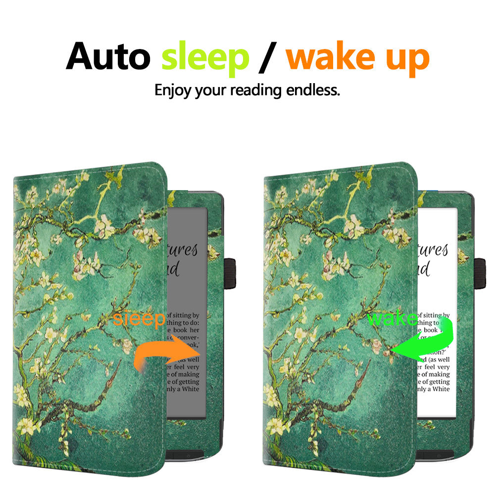 For PocketBook Verse PB629 E-Reader Case Kickstand PU Leather Flip Cover Support Auto Wake / Sleep - Plum Blossom / Green
