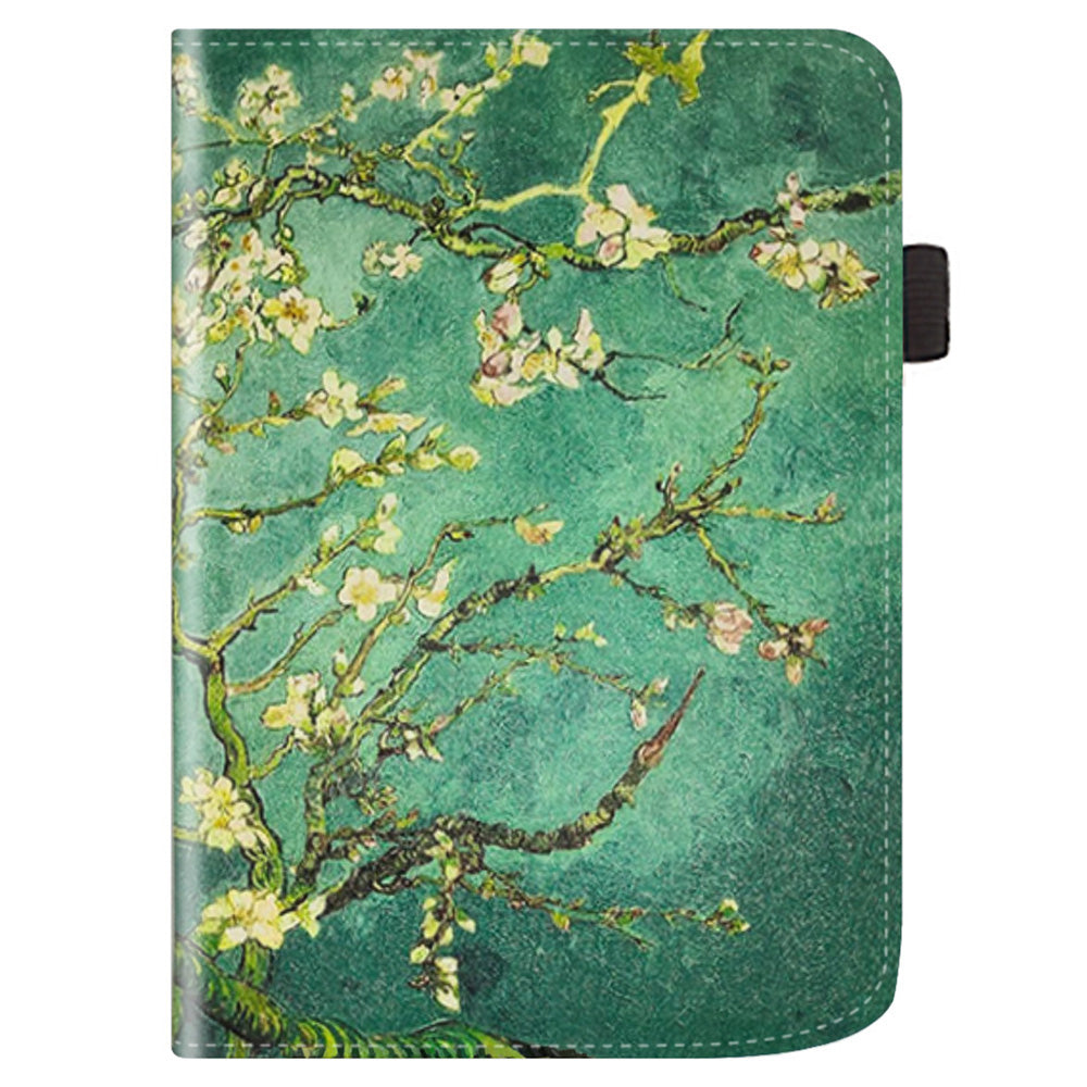 For PocketBook Verse PB629 E-Reader Case Kickstand PU Leather Flip Cover Support Auto Wake / Sleep - Plum Blossom / Green