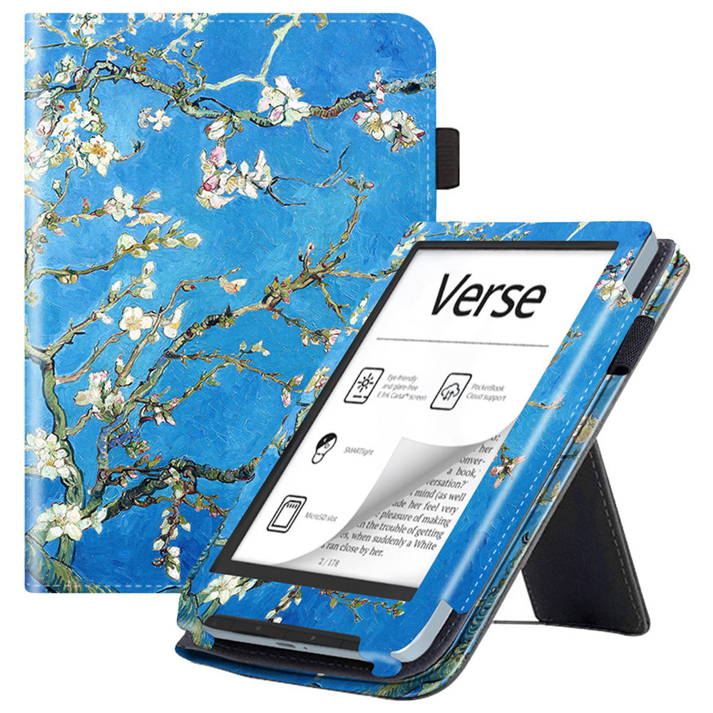 For PocketBook Verse PB629 E-Reader Case Kickstand PU Leather Flip Cover Support Auto Wake / Sleep - Plum Blossom / Blue