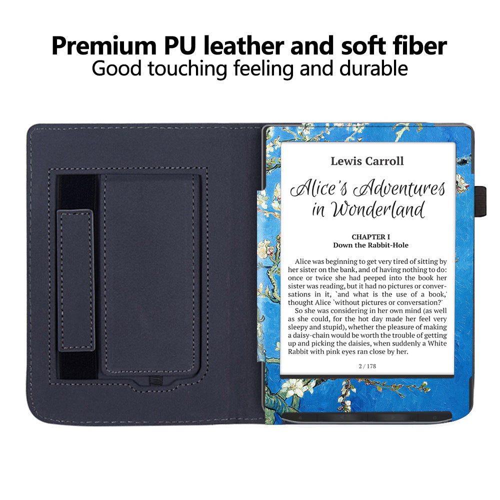 For PocketBook Verse PB629 E-Reader Case Kickstand PU Leather Flip Cover Support Auto Wake / Sleep - Plum Blossom / Blue