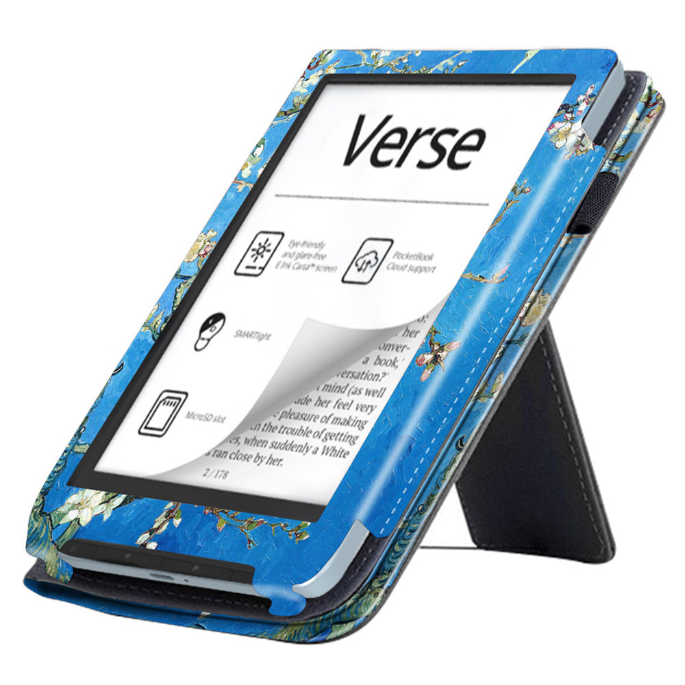 For PocketBook Verse PB629 E-Reader Case Kickstand PU Leather Flip Cover Support Auto Wake / Sleep - Plum Blossom / Blue