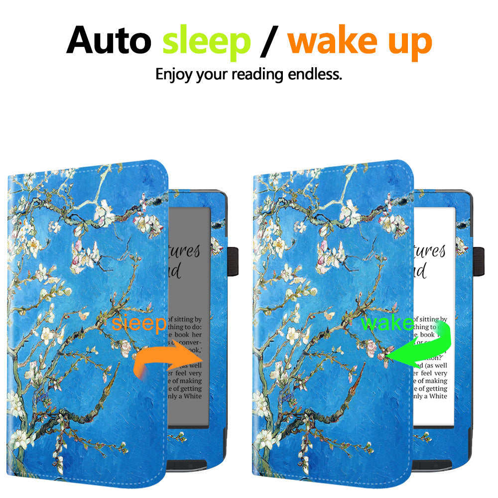 For PocketBook Verse PB629 E-Reader Case Kickstand PU Leather Flip Cover Support Auto Wake / Sleep - Plum Blossom / Blue