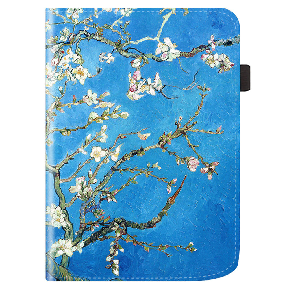 For PocketBook Verse PB629 E-Reader Case Kickstand PU Leather Flip Cover Support Auto Wake / Sleep - Plum Blossom / Blue