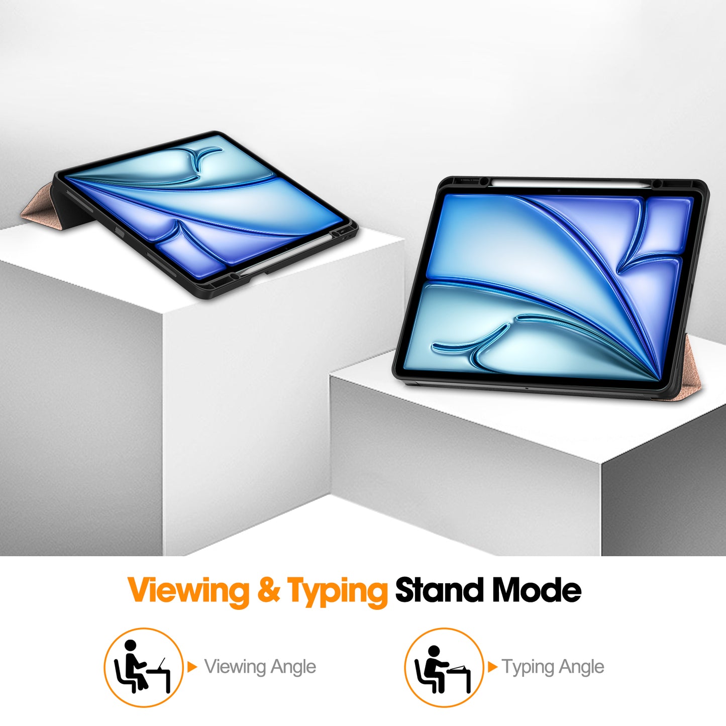 For iPad Air 13 (2024) Leather Case Tri-fold Stand Tablet Cover with Pen Slot - Rose Gold