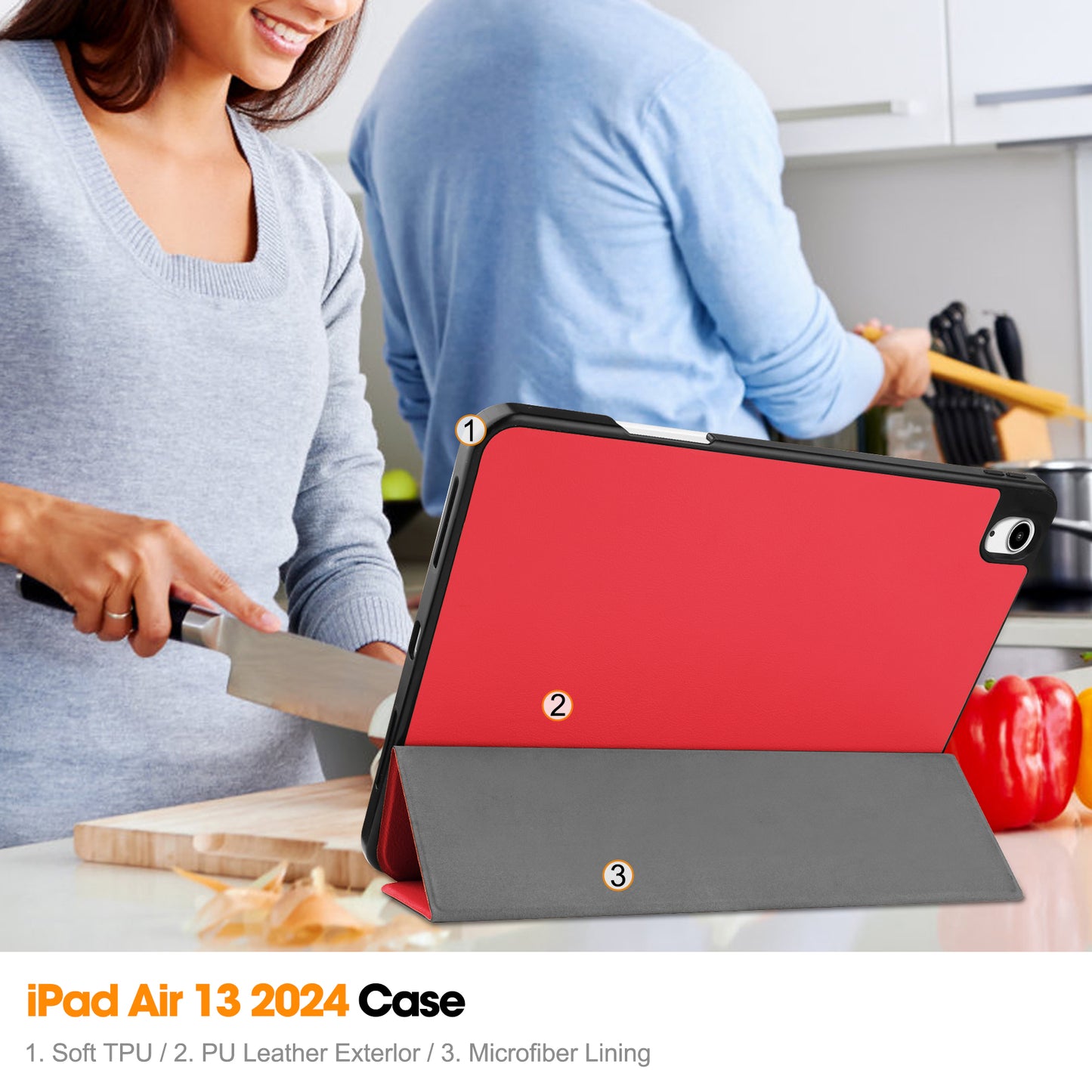 For iPad Air 13 (2024) Leather Case Tri-fold Stand Tablet Cover with Pen Slot - Red