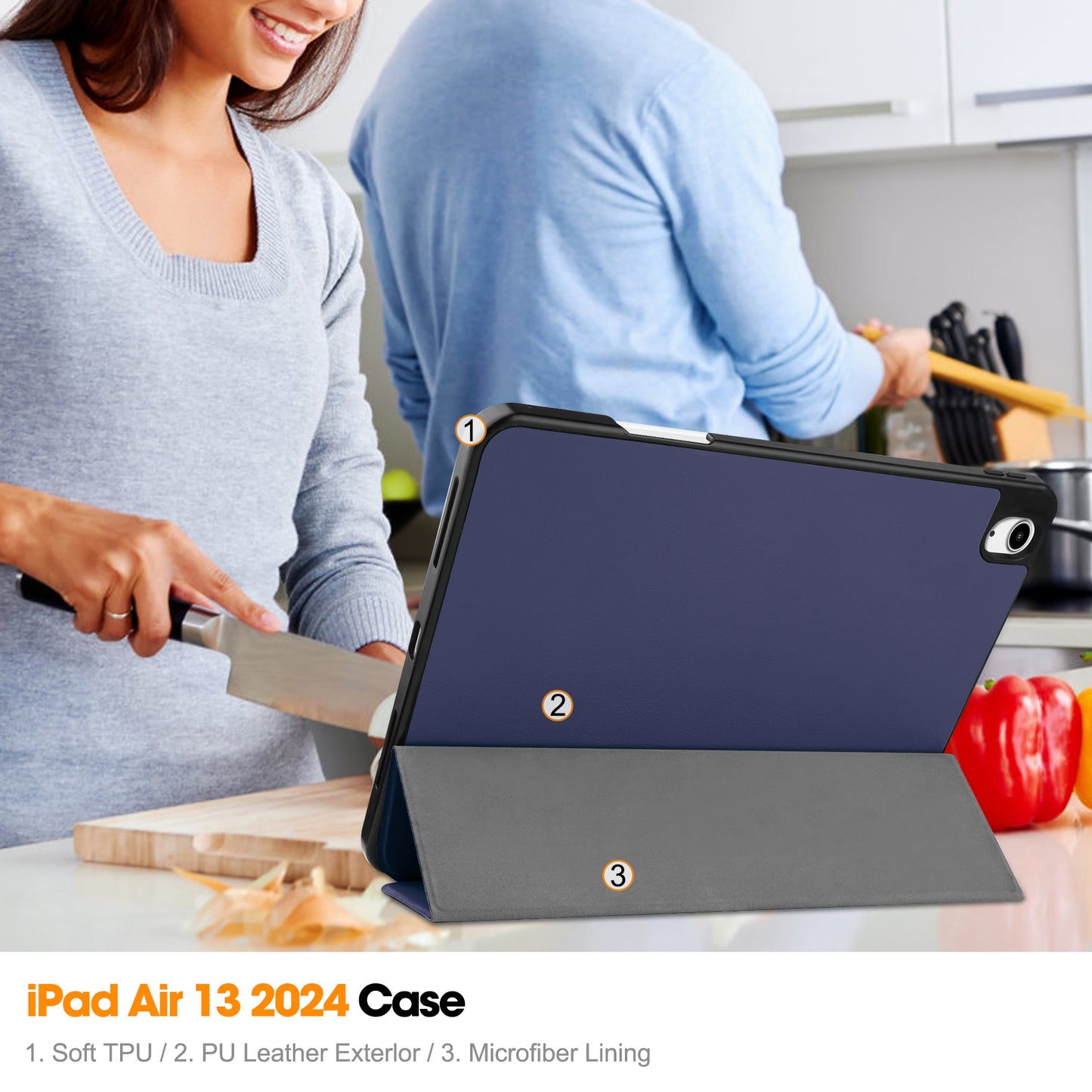 For iPad Air 13 (2024) Leather Case Tri-fold Stand Tablet Cover with Pen Slot - Blue