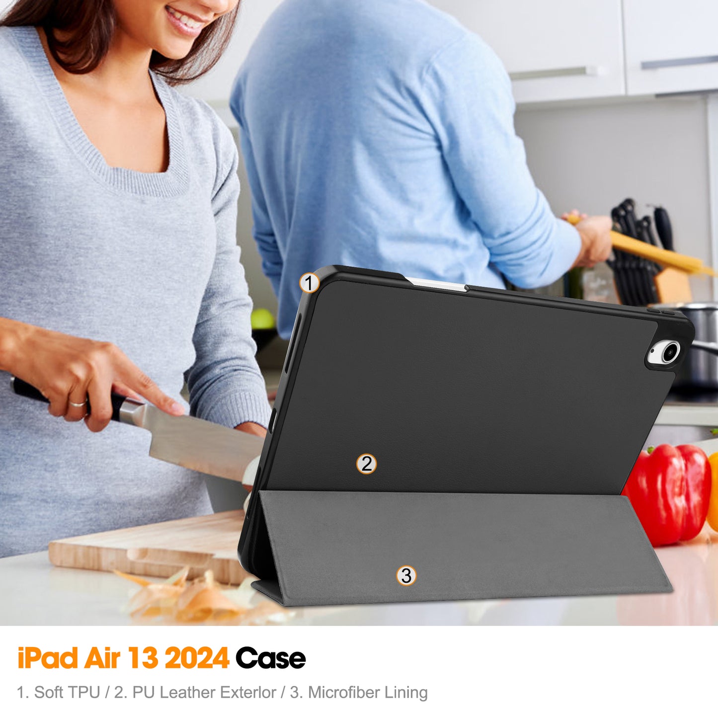 For iPad Air 13 (2024) Leather Case Tri-fold Stand Tablet Cover with Pen Slot - Black