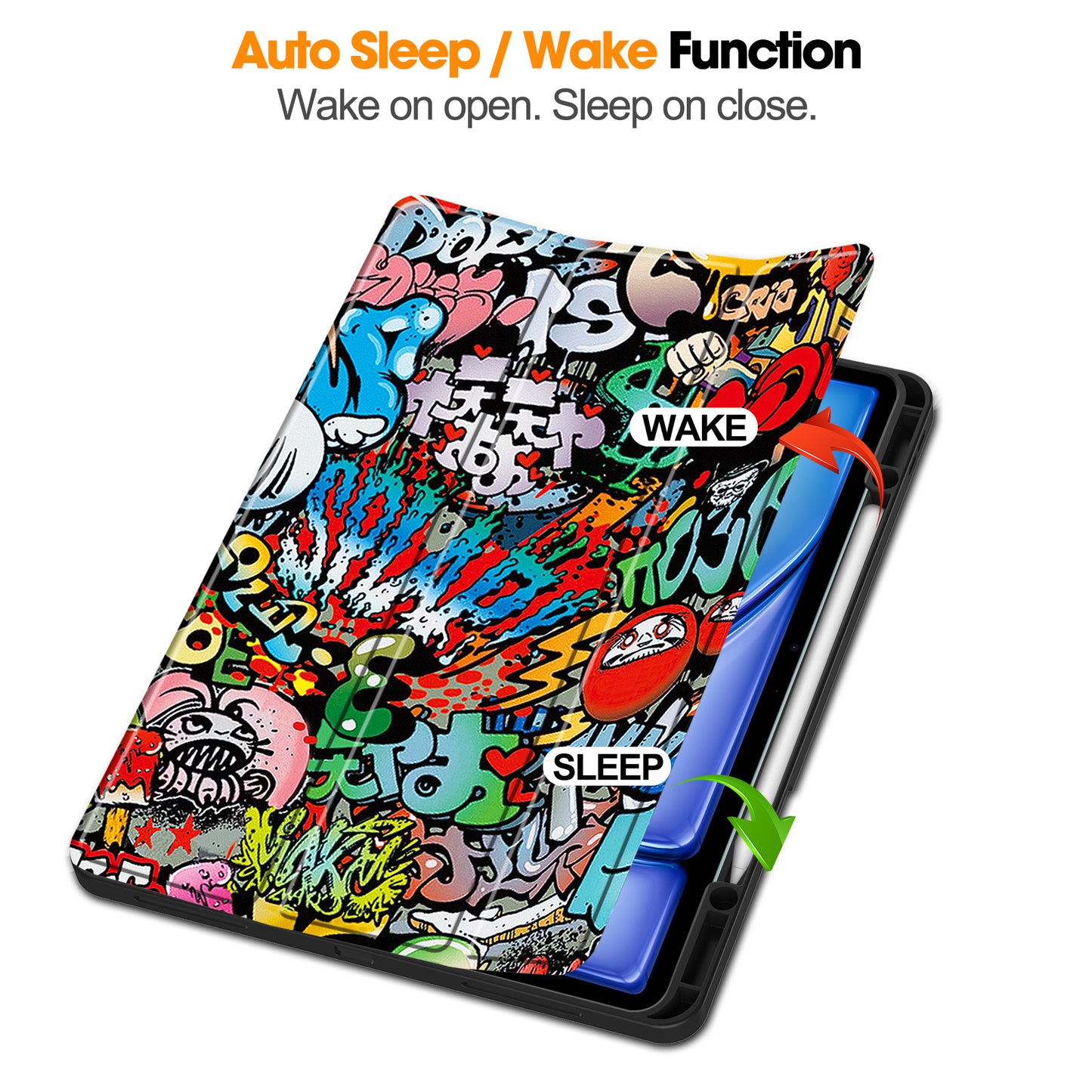 For iPad Air 13 (2024) Case Pattern Printing Tri-fold Stand Leather Cover with Pen Slot - Graffiti