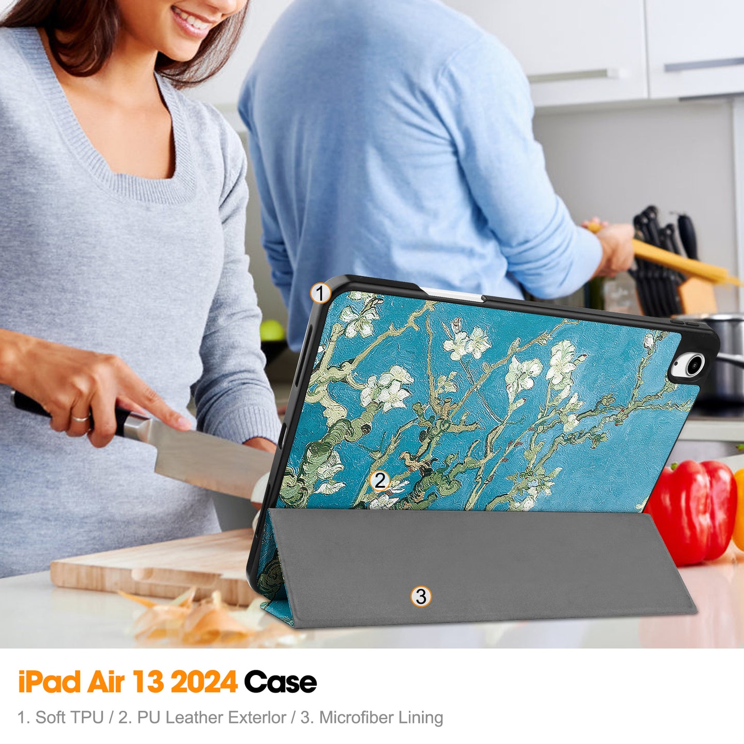 For iPad Air 13 (2024) Case Pattern Printing Tri-fold Stand Leather Cover with Pen Slot - Apricot Blossom