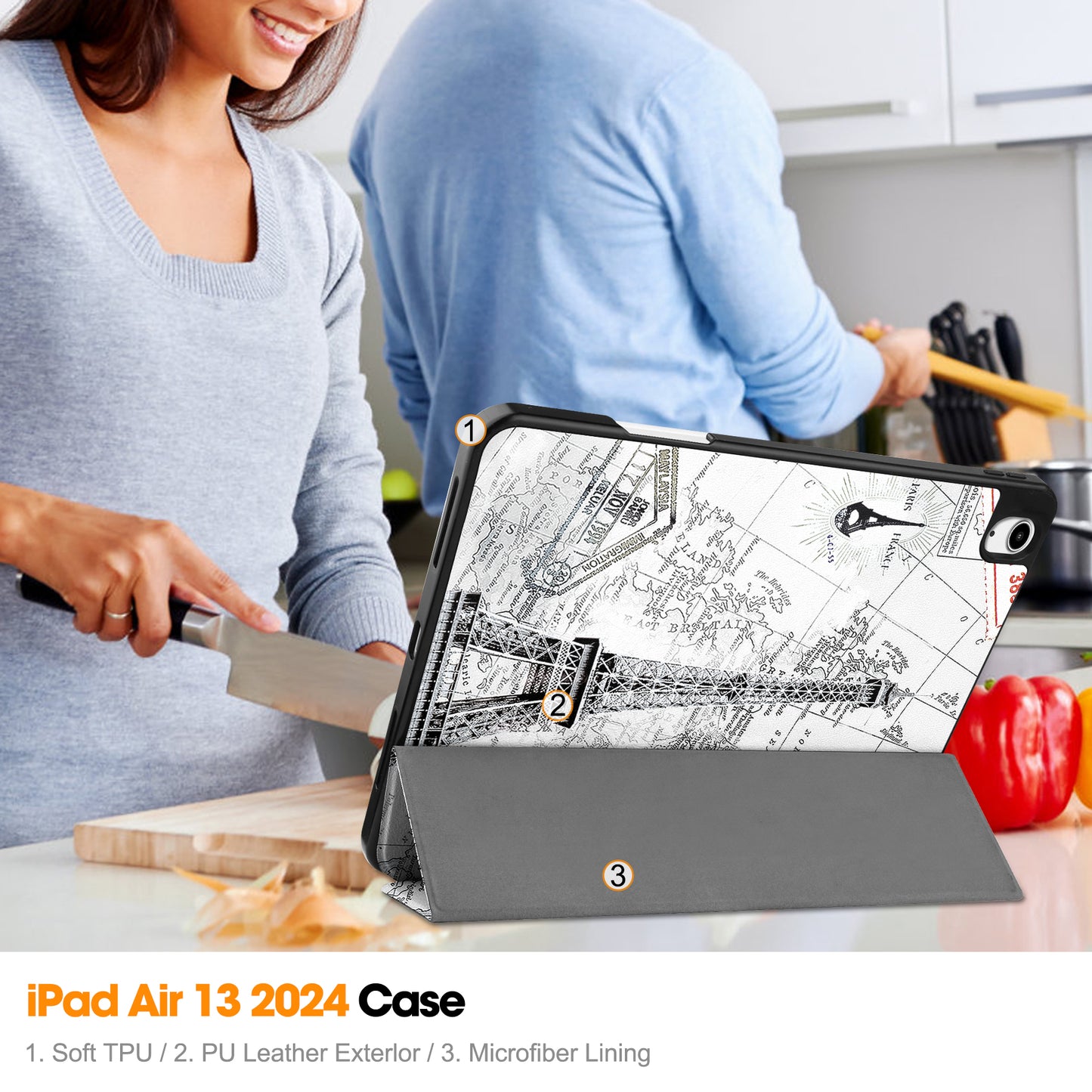 For iPad Air 13 (2024) Case Pattern Printing Tri-fold Stand Leather Cover with Pen Slot - Vintage Tower