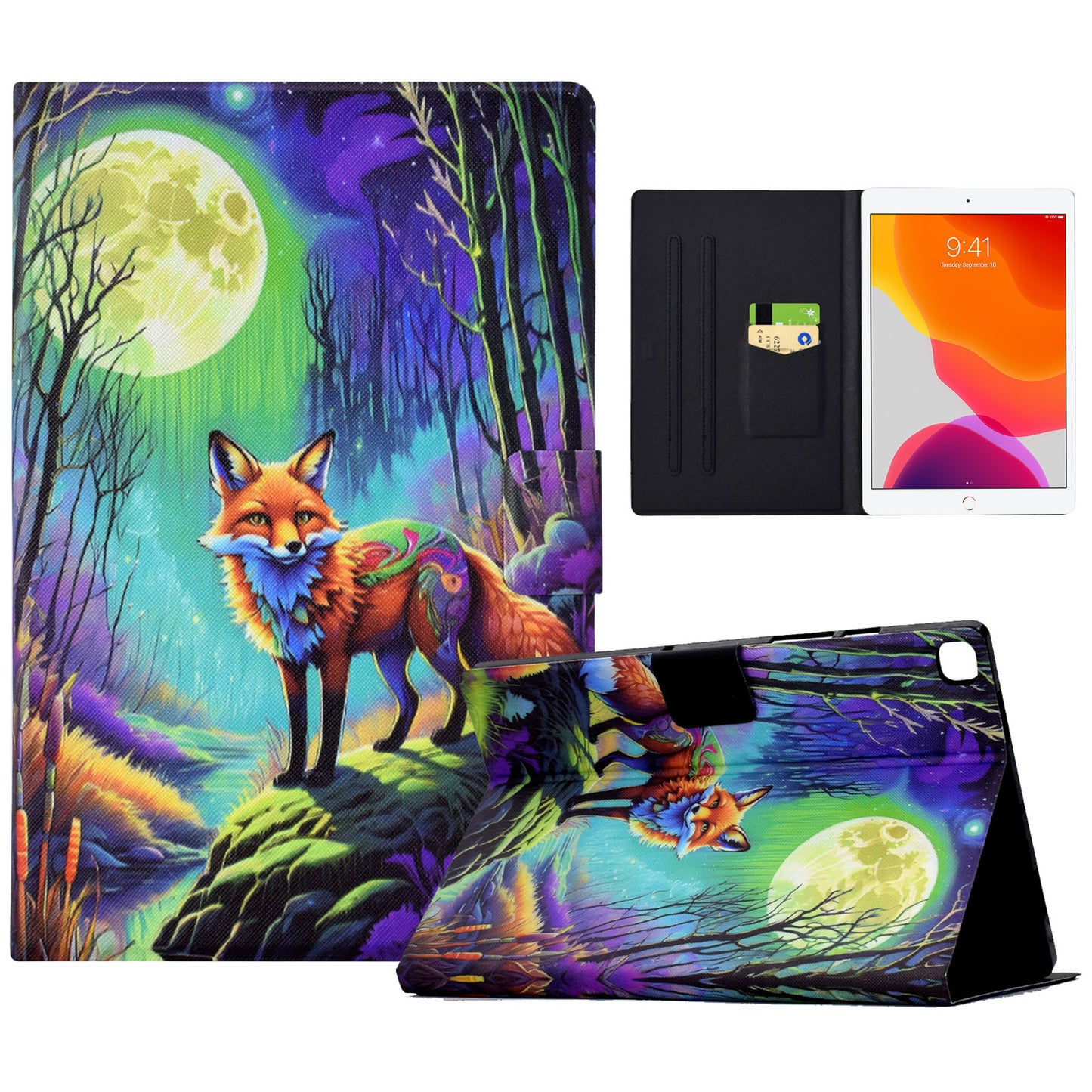 For iPad 10.2 (2020) / (2019) / iPad Air 10.5 inch (2019) Leather Case Pattern Print Card Slots Tablet Cover - Moonlight Fox