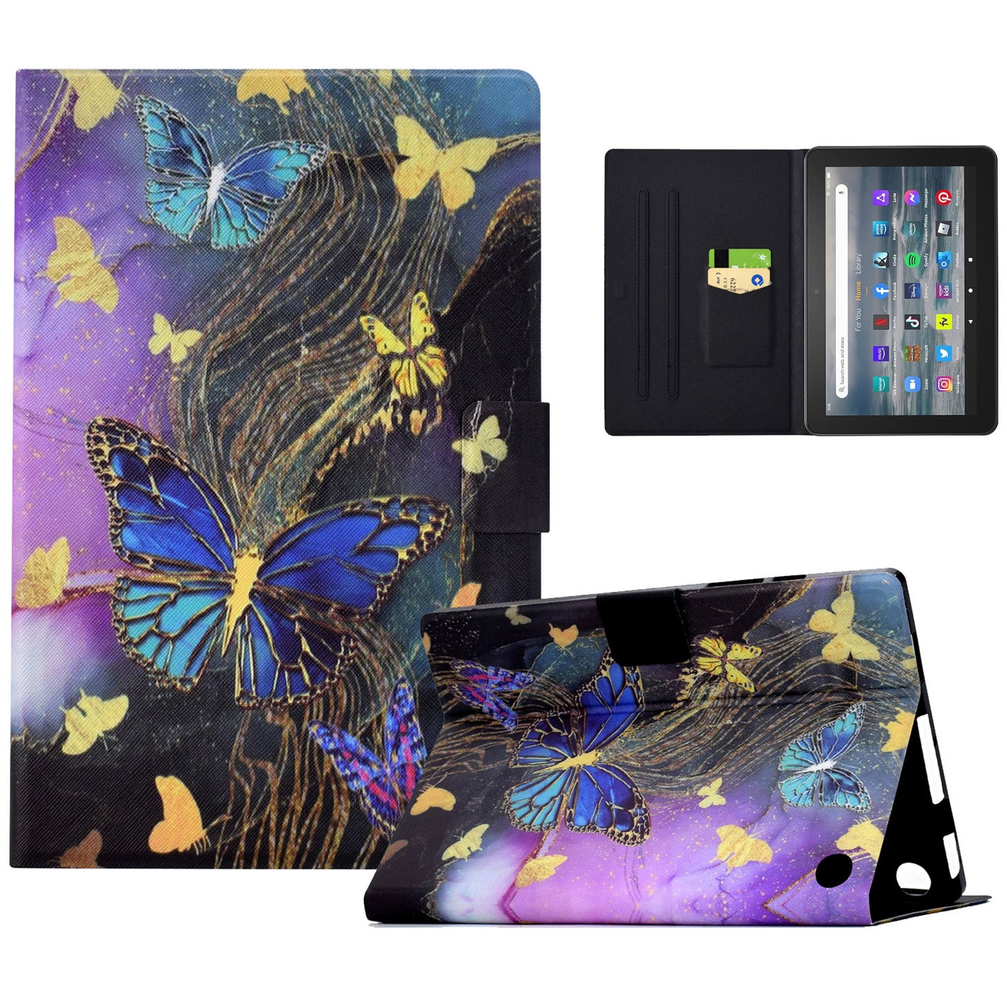 For Amazon Fire 7 (2022) PU Leather E-Reader Case Pattern Printing Stand Cover - Golden Butterflies