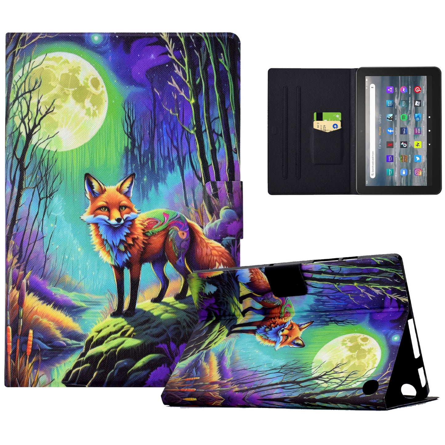 For Amazon Fire 7 (2022) PU Leather E-Reader Case Pattern Printing Stand Cover - Moonlight Fox