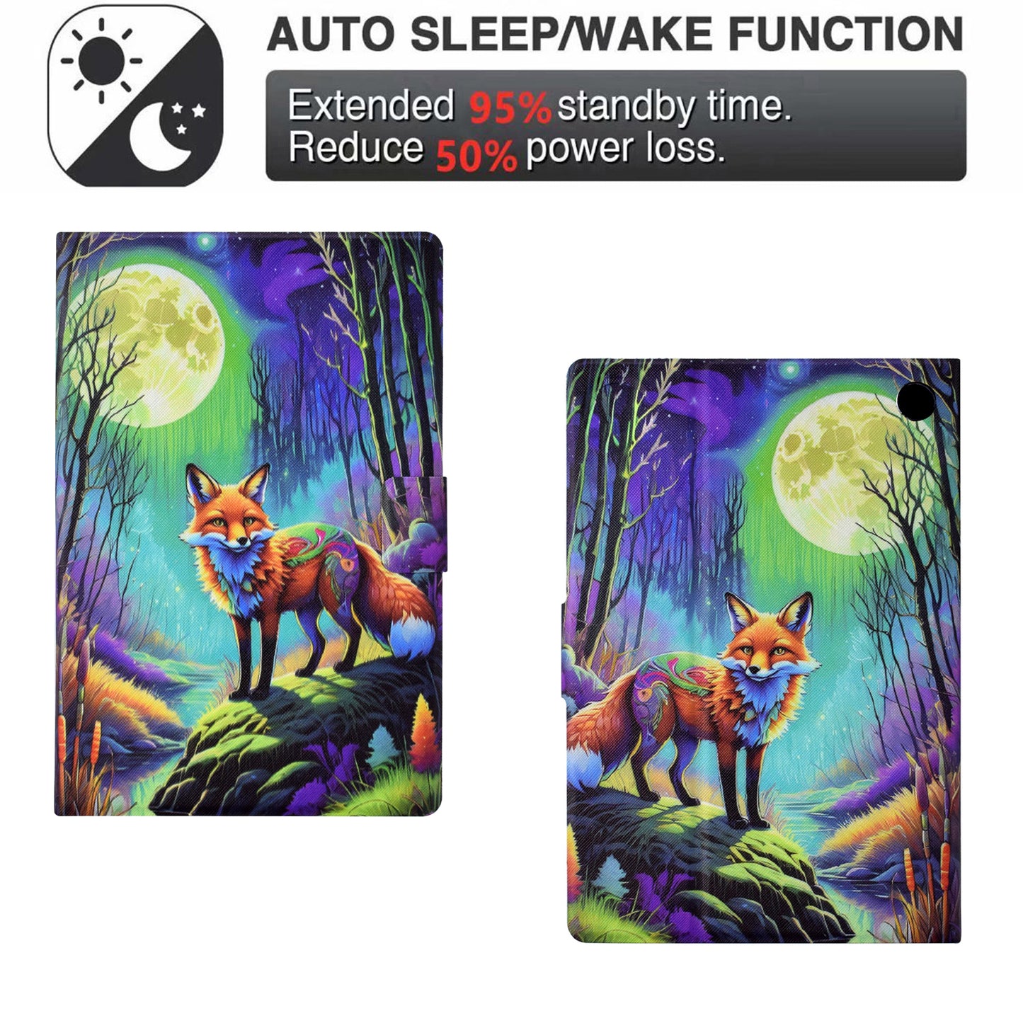 For Amazon Fire 7 (2022) PU Leather E-Reader Case Pattern Printing Stand Cover - Moonlight Fox