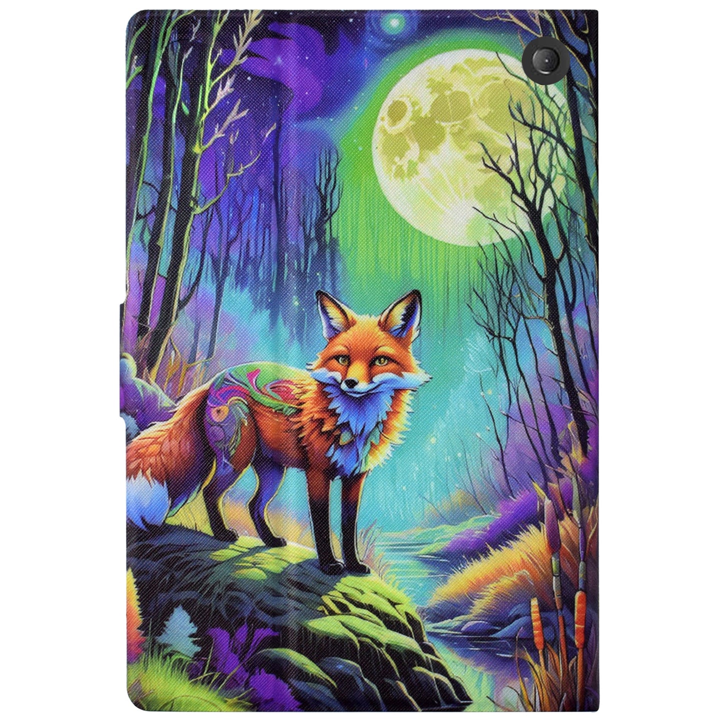 For Amazon Fire 7 (2022) PU Leather E-Reader Case Pattern Printing Stand Cover - Moonlight Fox